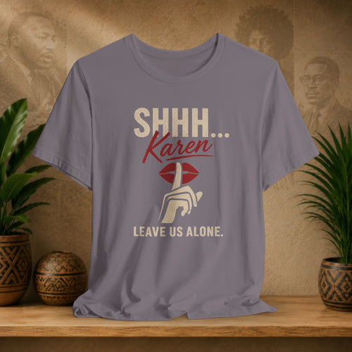 A gray short-sleeve t-shirt with a retro-style graphic reading 'SHHH.