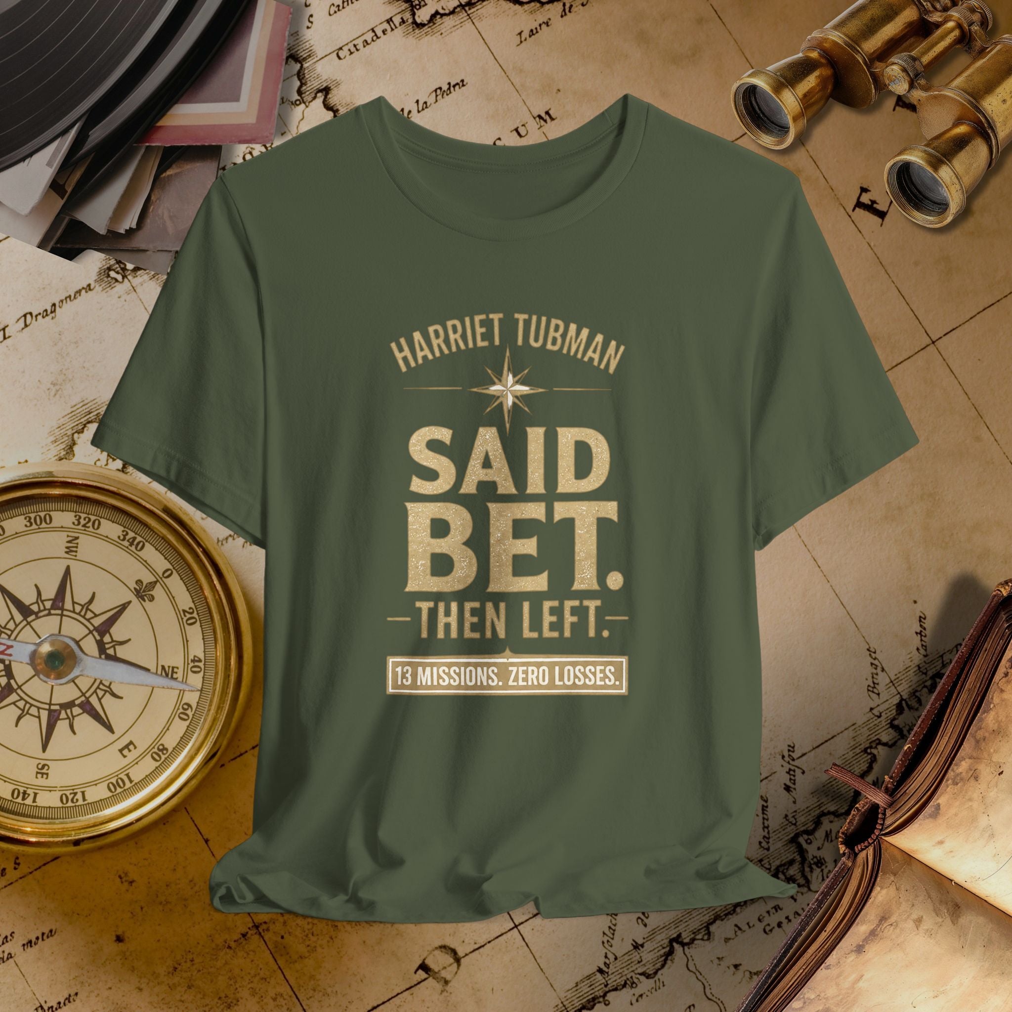 Green t-shirt with text on a vintage map background