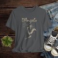 Gray t-shirt with D'Angelo graphic design on a wooden surface with jeans and sneakers.