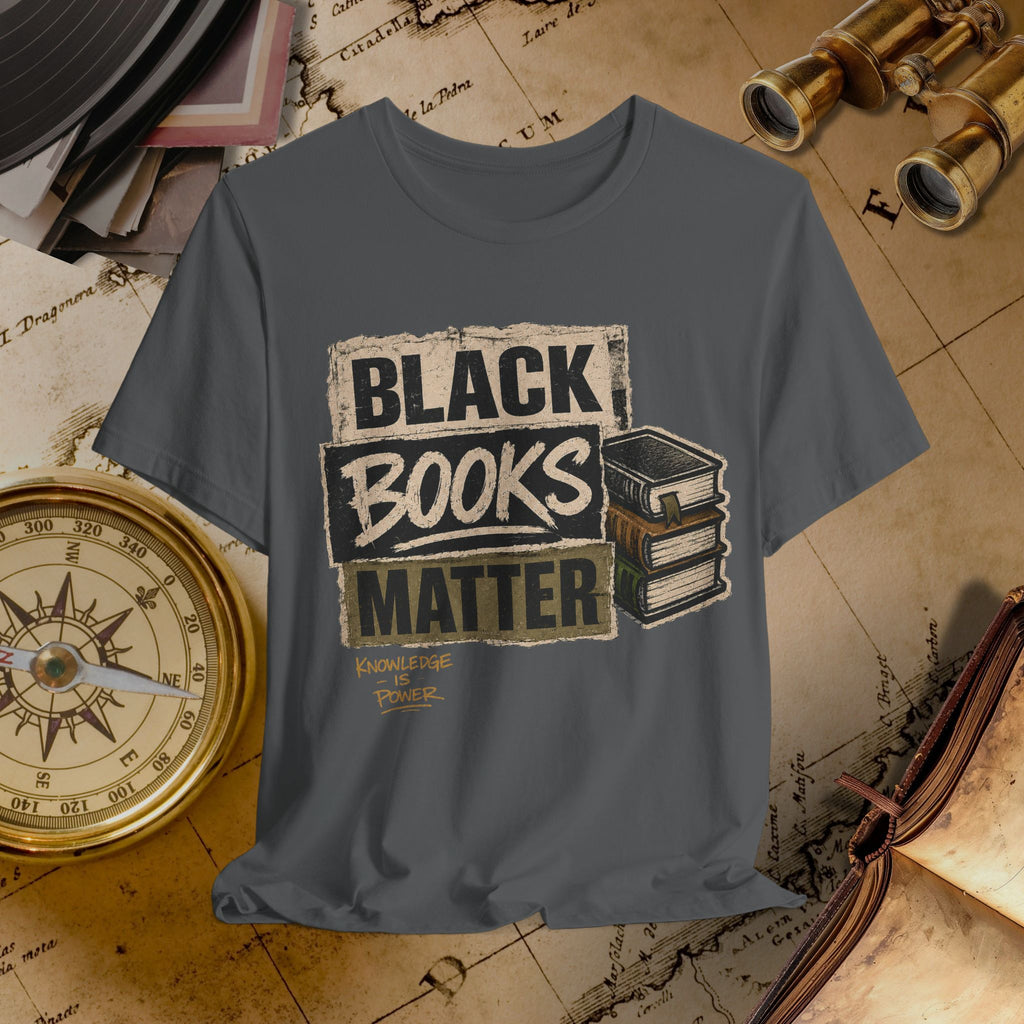 Gray t-shirt with 'Black Books Matter' design on a vintage map background