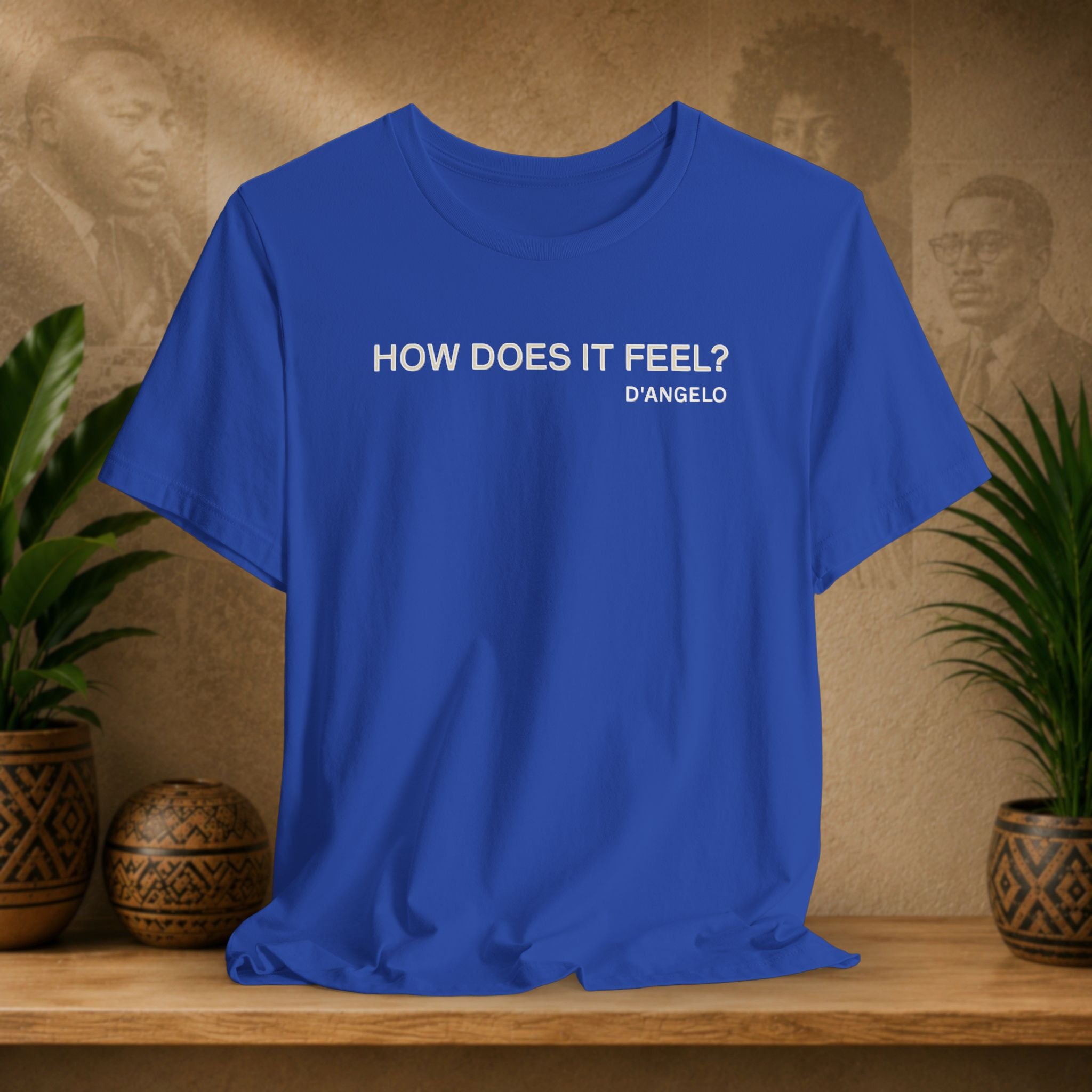 Blue t-shirt with text 'HOW DOES IT FEEL? D'ANGELO' on a wooden surface with decorative plants and background.