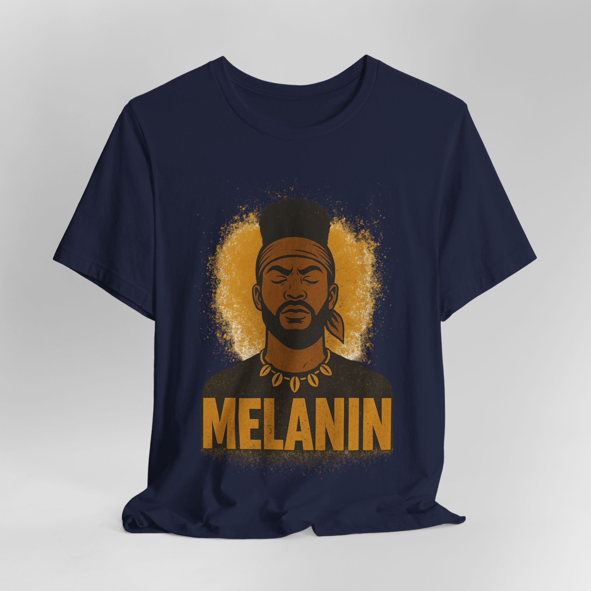 Navy blue t-shirt with a graphic of a man and 'Melanin' text on a gray background