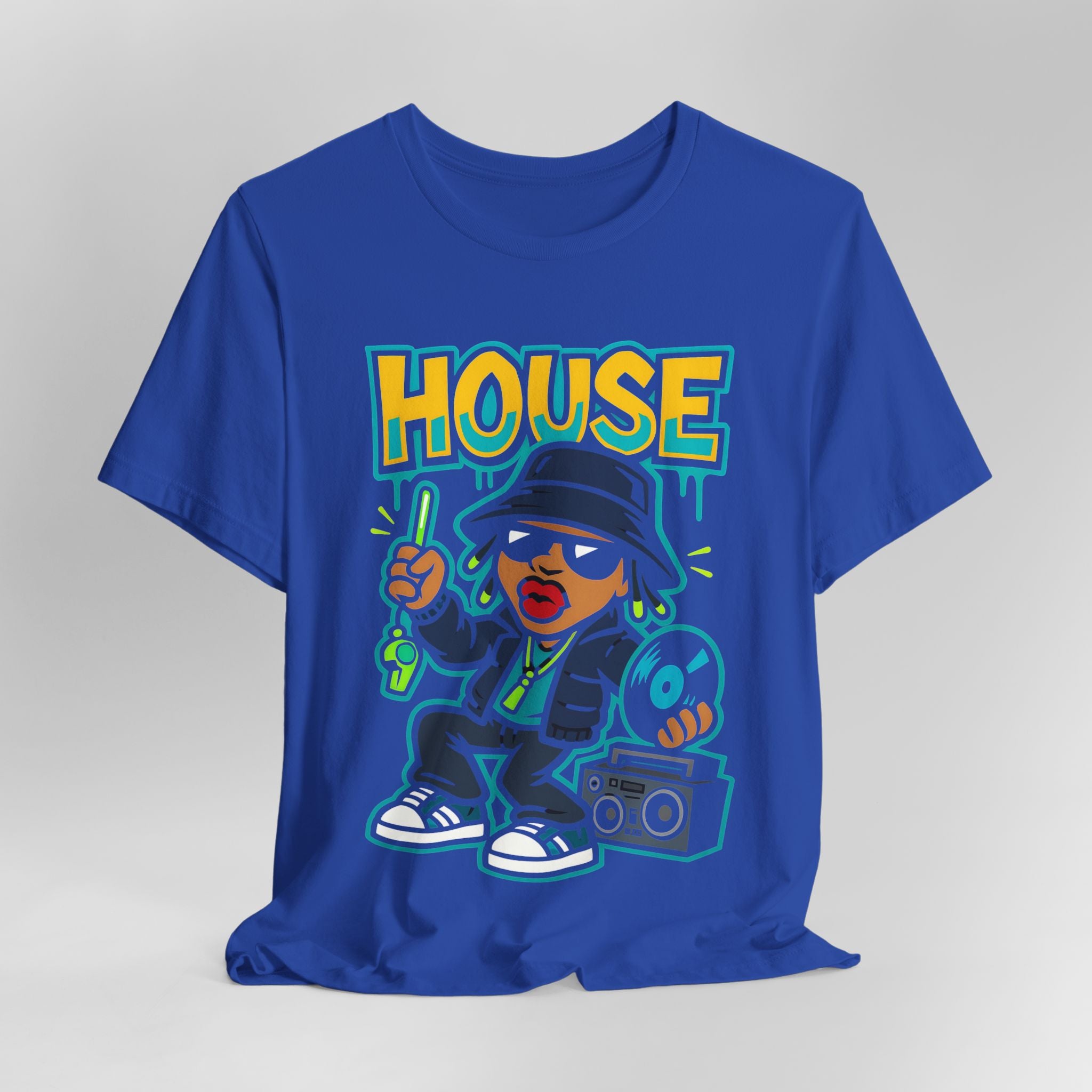 Blue t-shirt with a graphic design of a person holding a boombox and 'HOUSE' text on a gray background