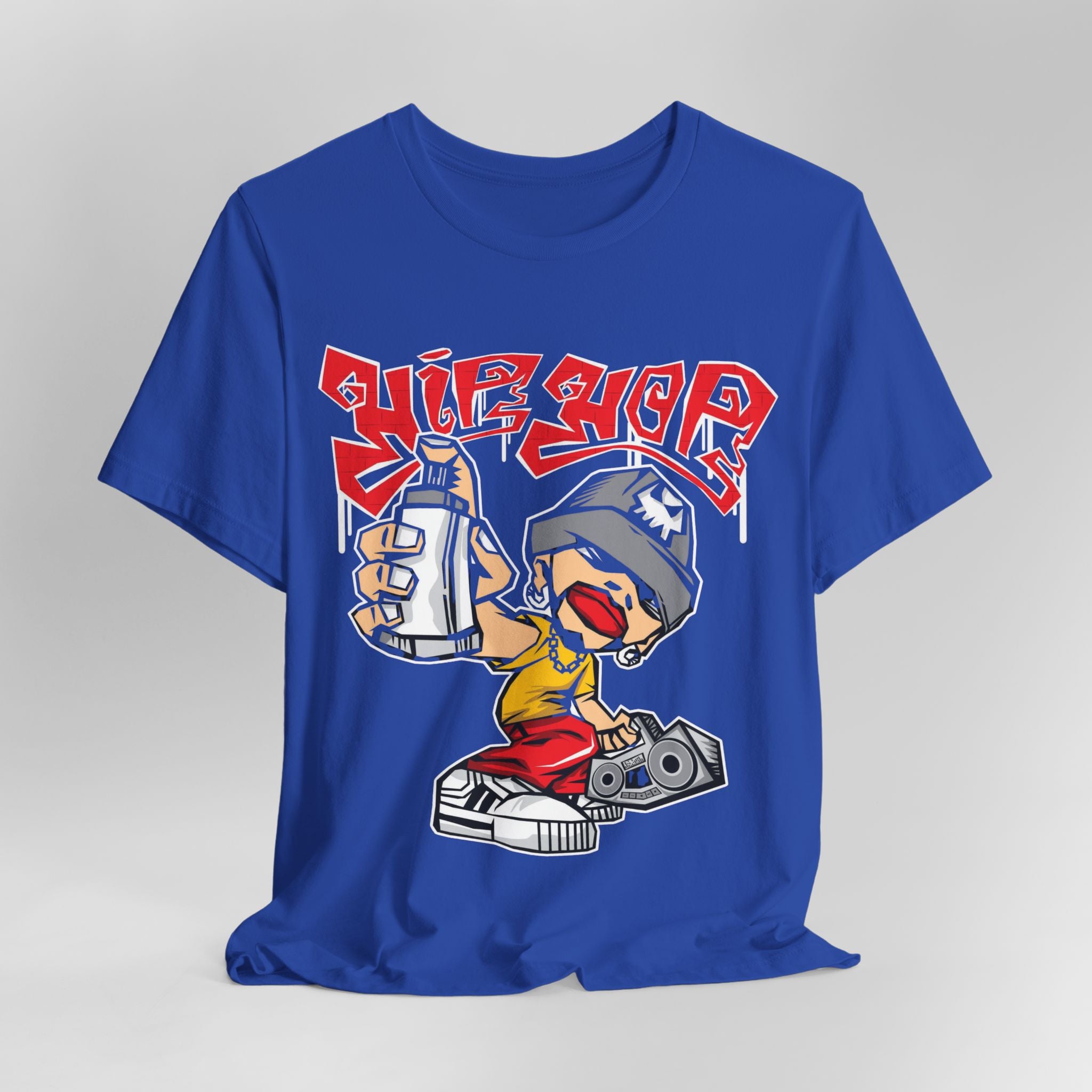 Blue t-shirt with a colorful graphic design on a gray background