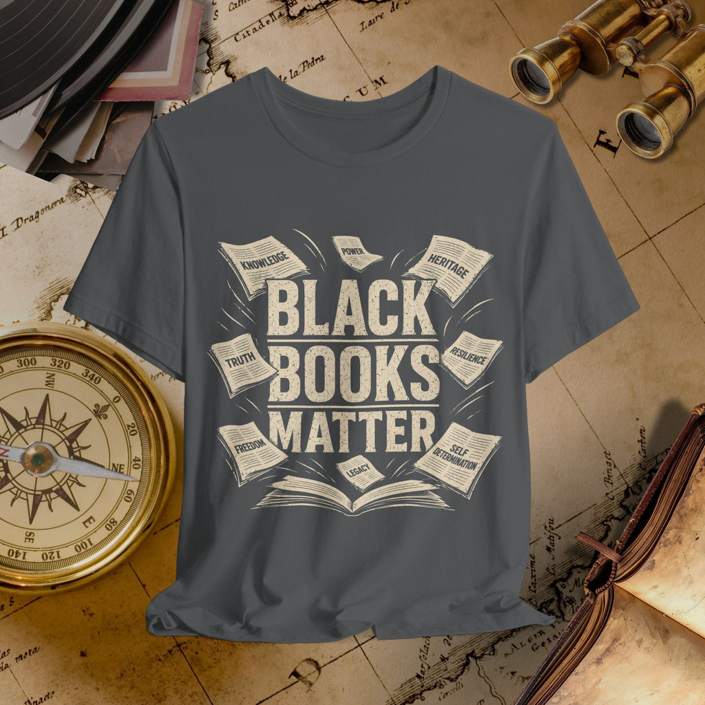 Gray t-shirt with 'Black Books Matter' design on a vintage background with books and binoculars.