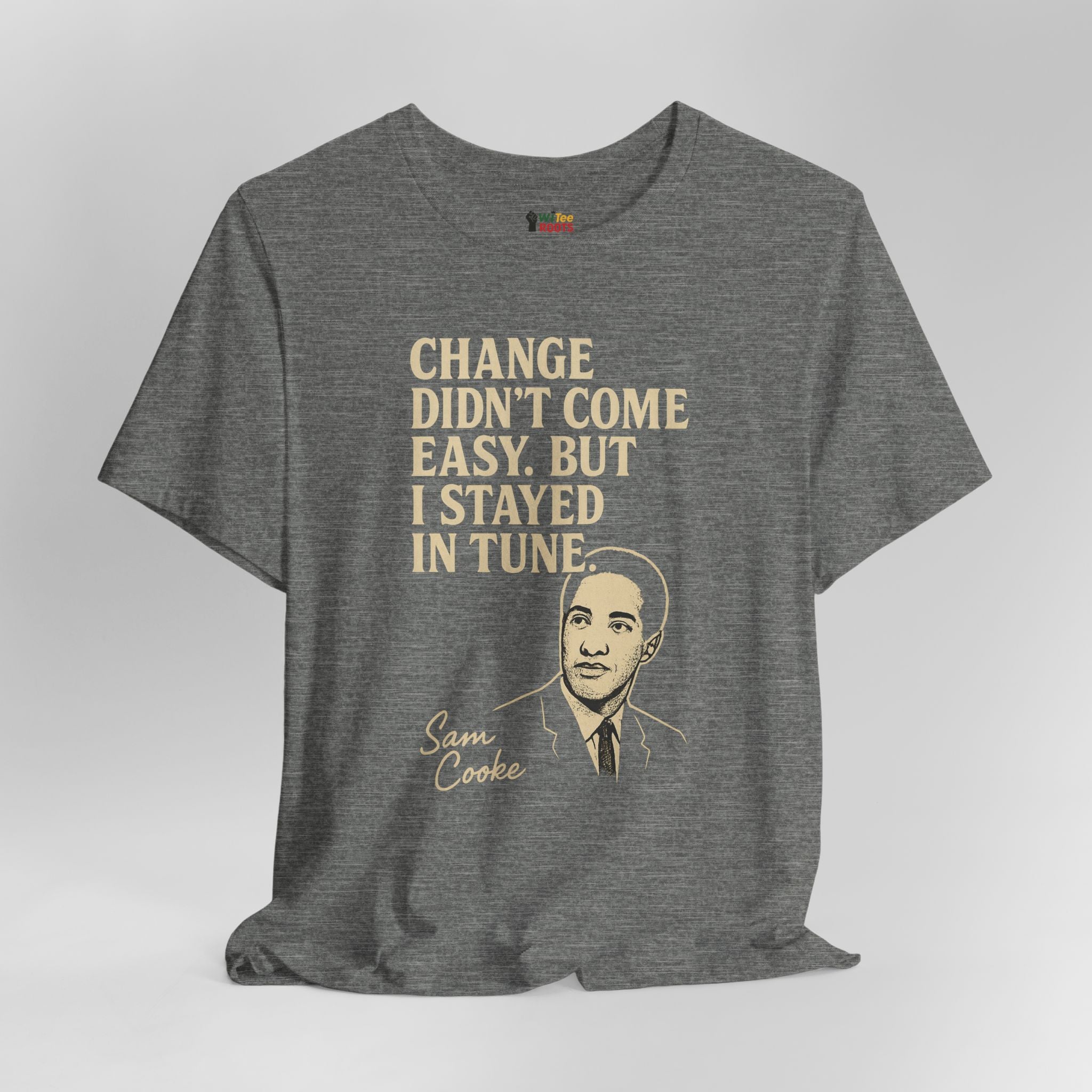 Gray t-shirt with text and a portrait on a light gray background