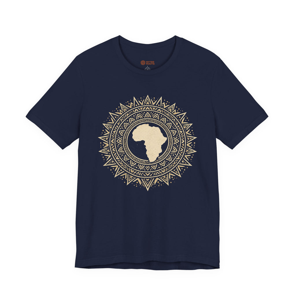 Navy blue t-shirt with a gold African map design on a white background