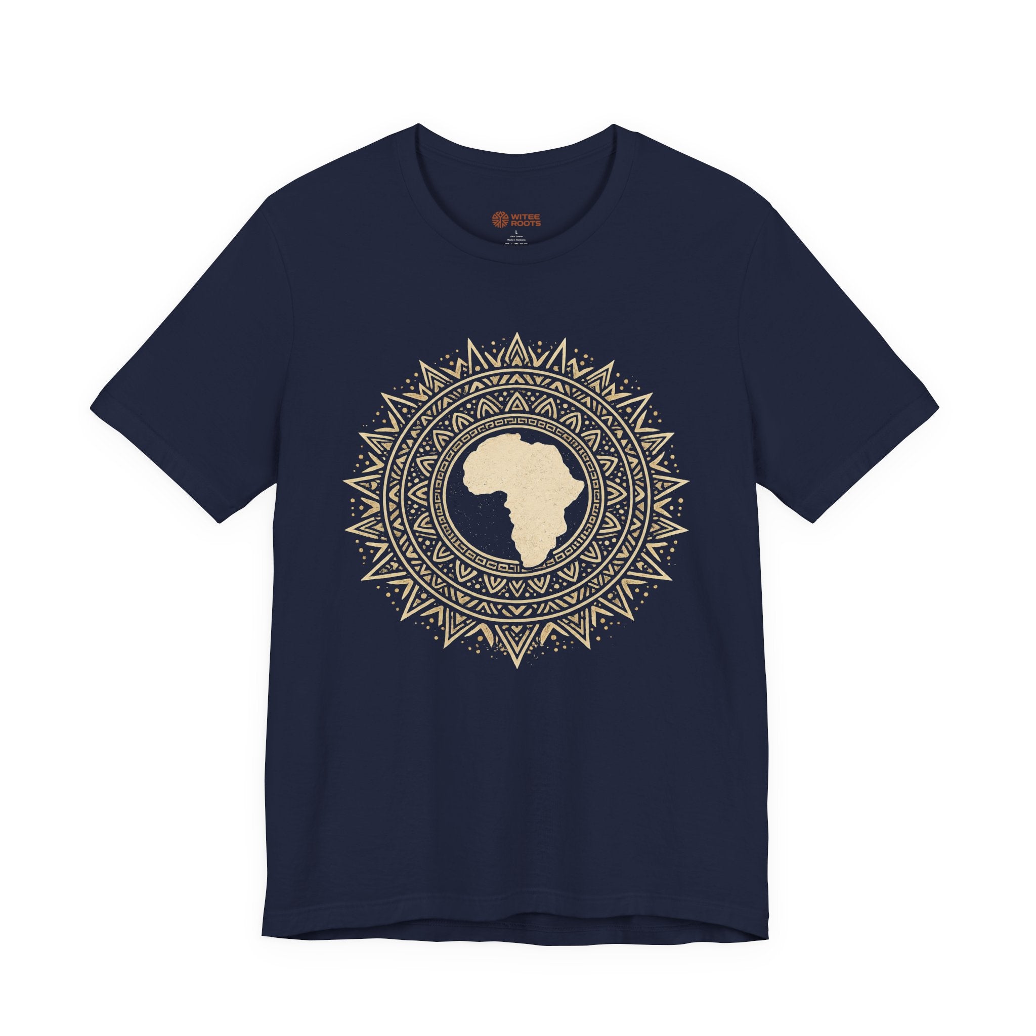 Navy blue t-shirt with a gold African map design on a white background