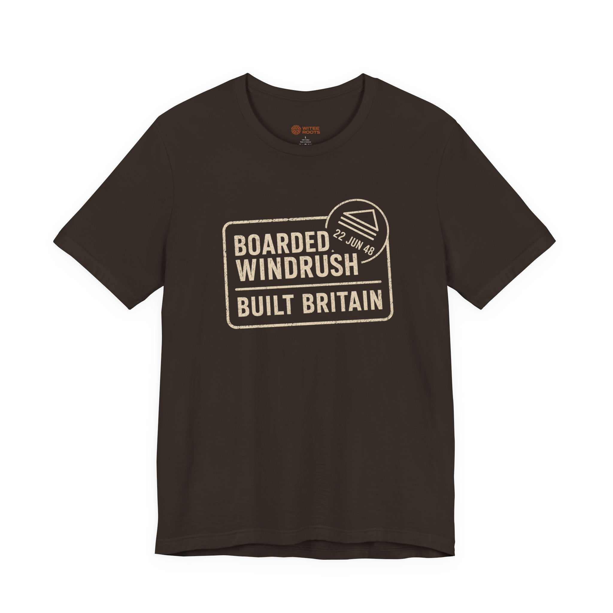 Black t-shirt with red and white text on a white background