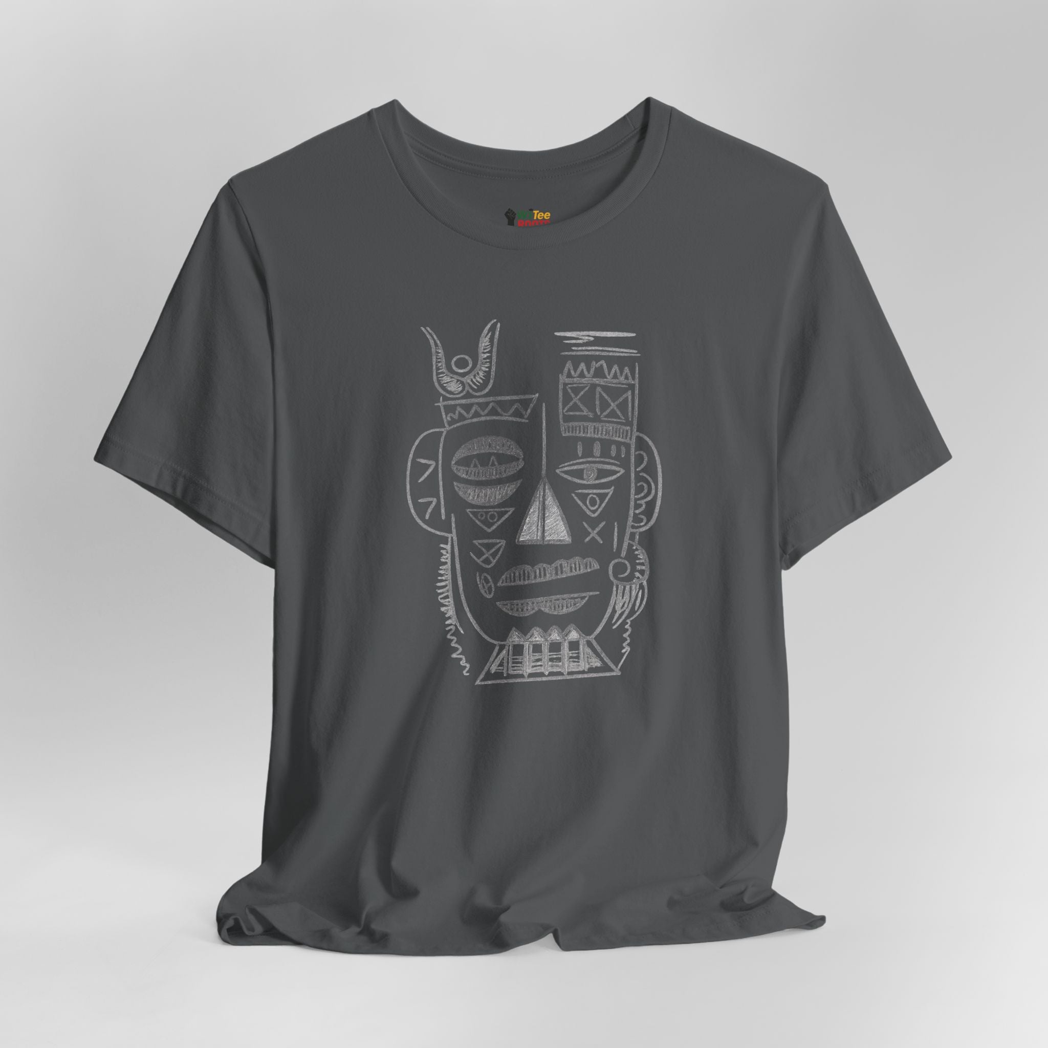 Gray t-shirt with a white tribal face design on a gray background
