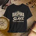 Black t-shirt with 'The Diaspora Still Slays Every Generation' text on a vintage map background.