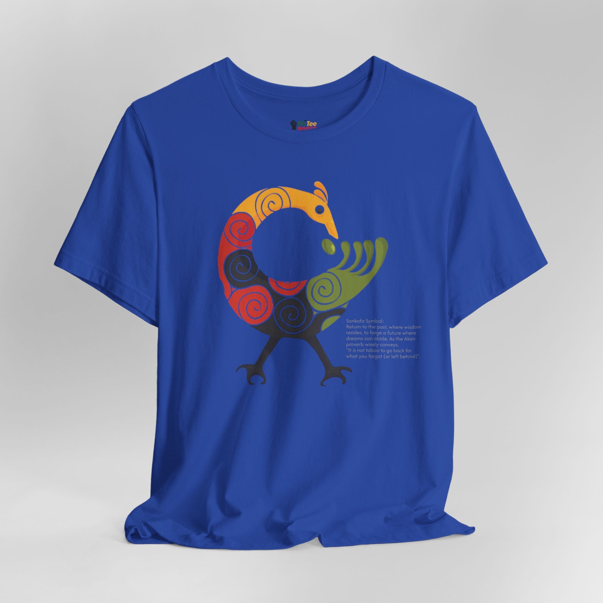 Blue t-shirt with a colorful graphic design on a gray background