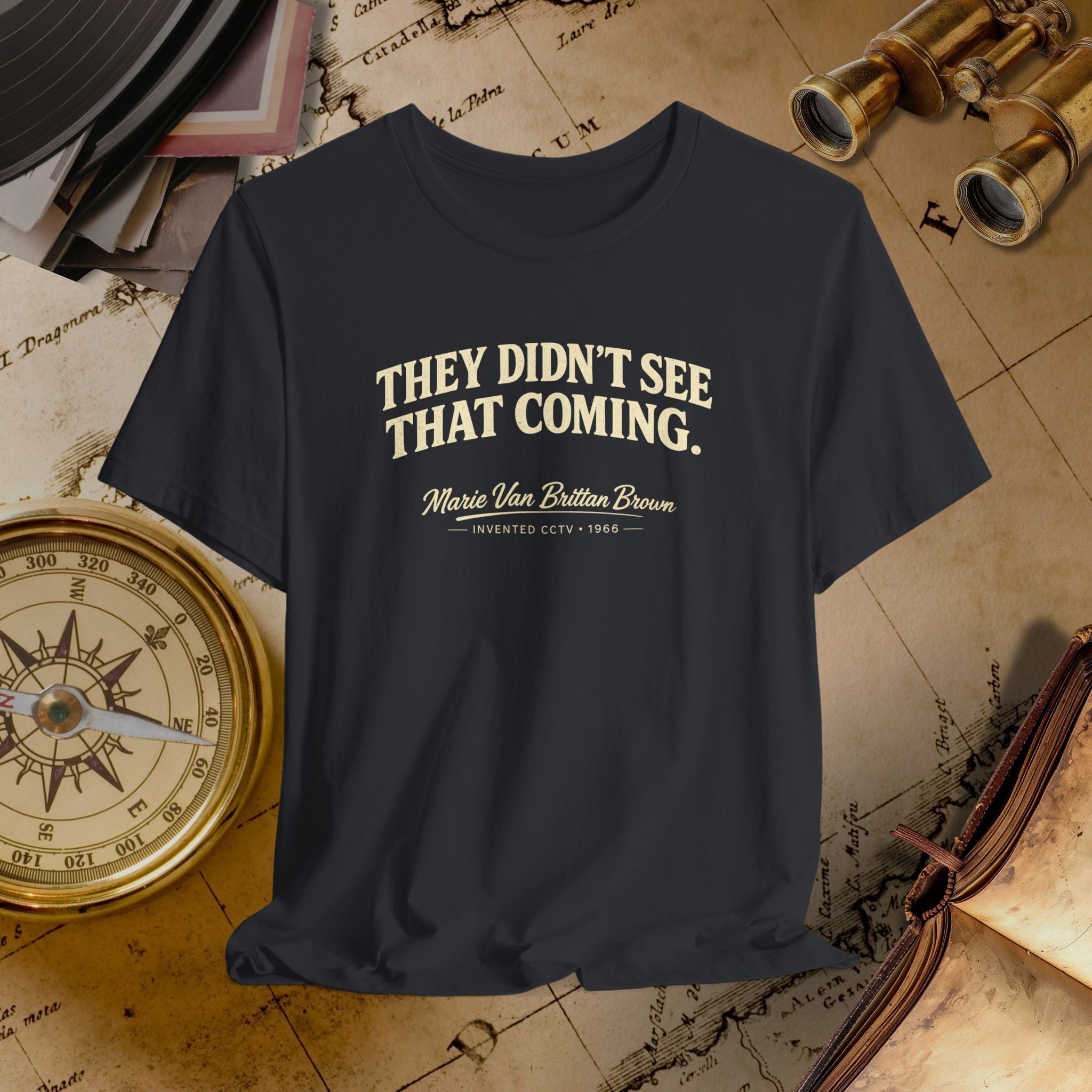 Black t-shirt with text on a vintage map background