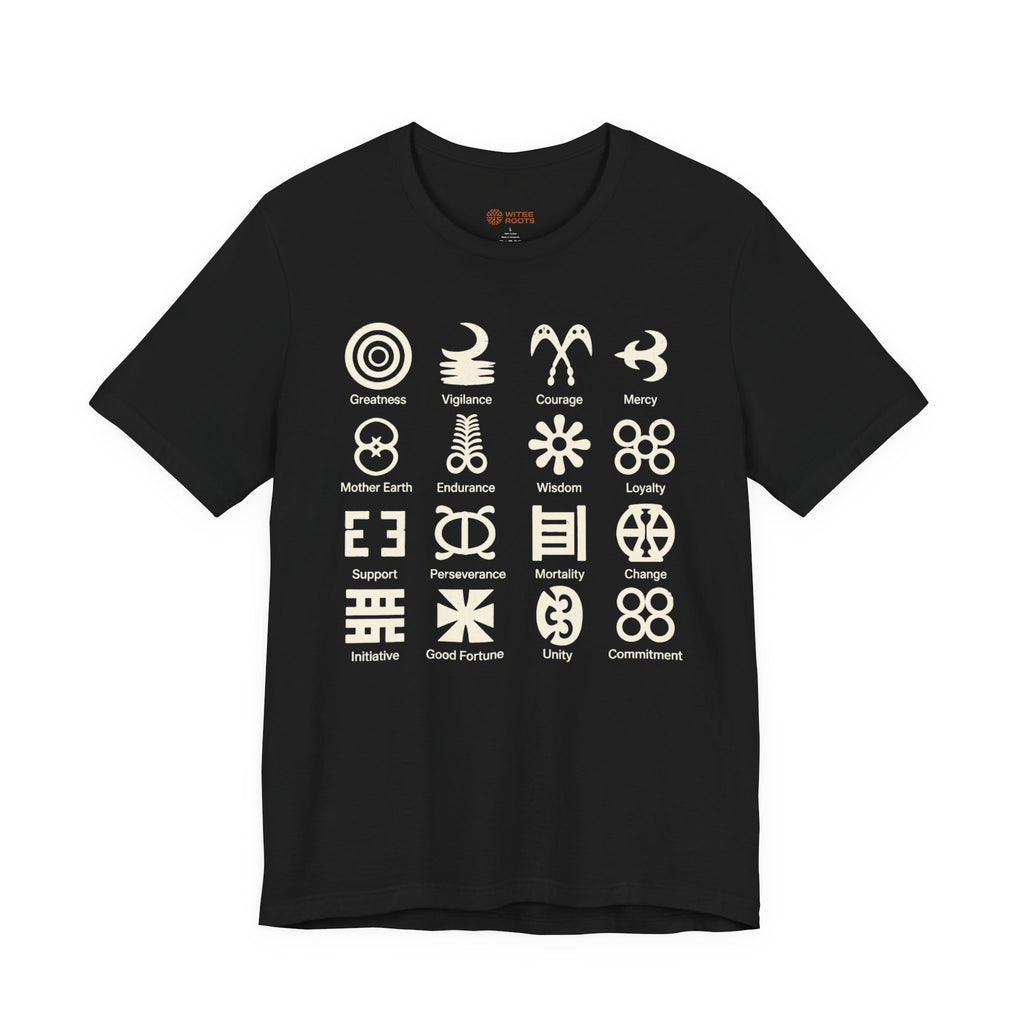 Black t-shirt with white symbols and text on a white background