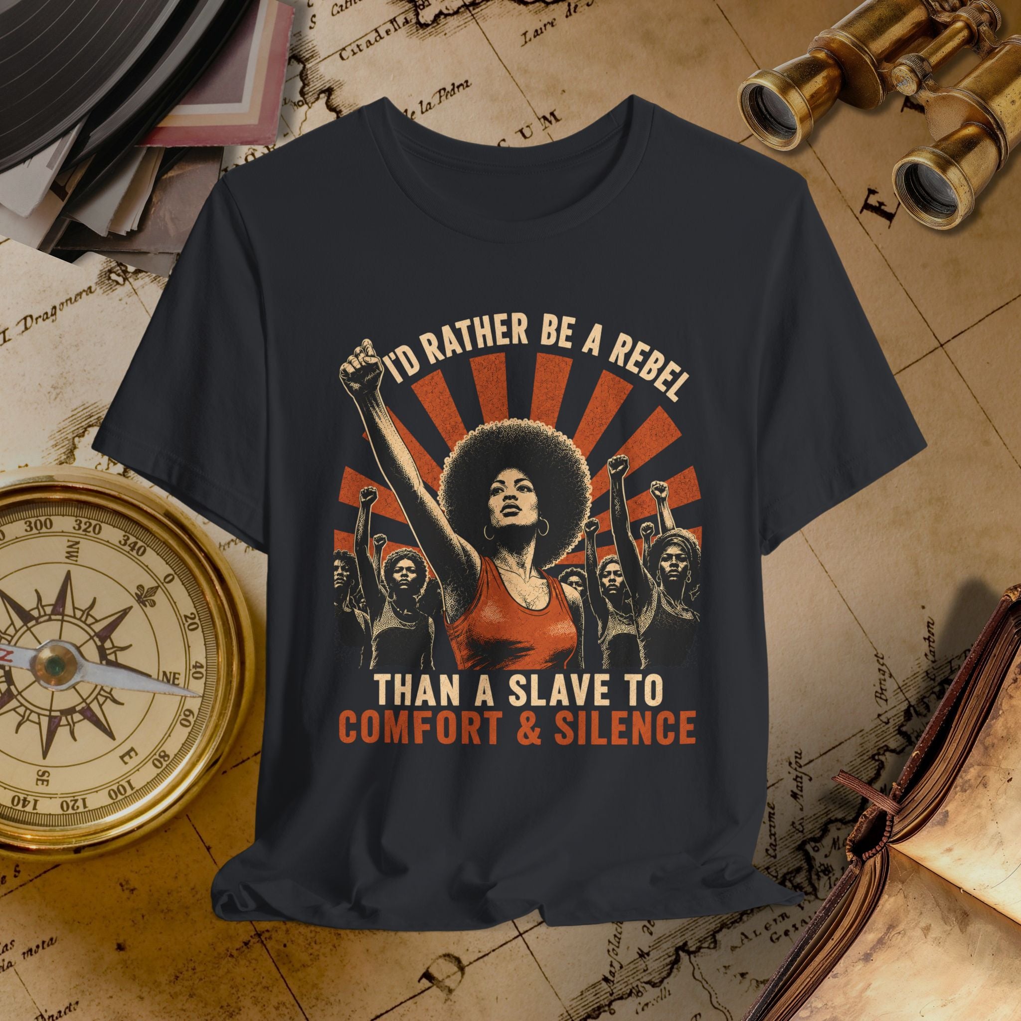 Black t-shirt with graphic design and text on a vintage map background