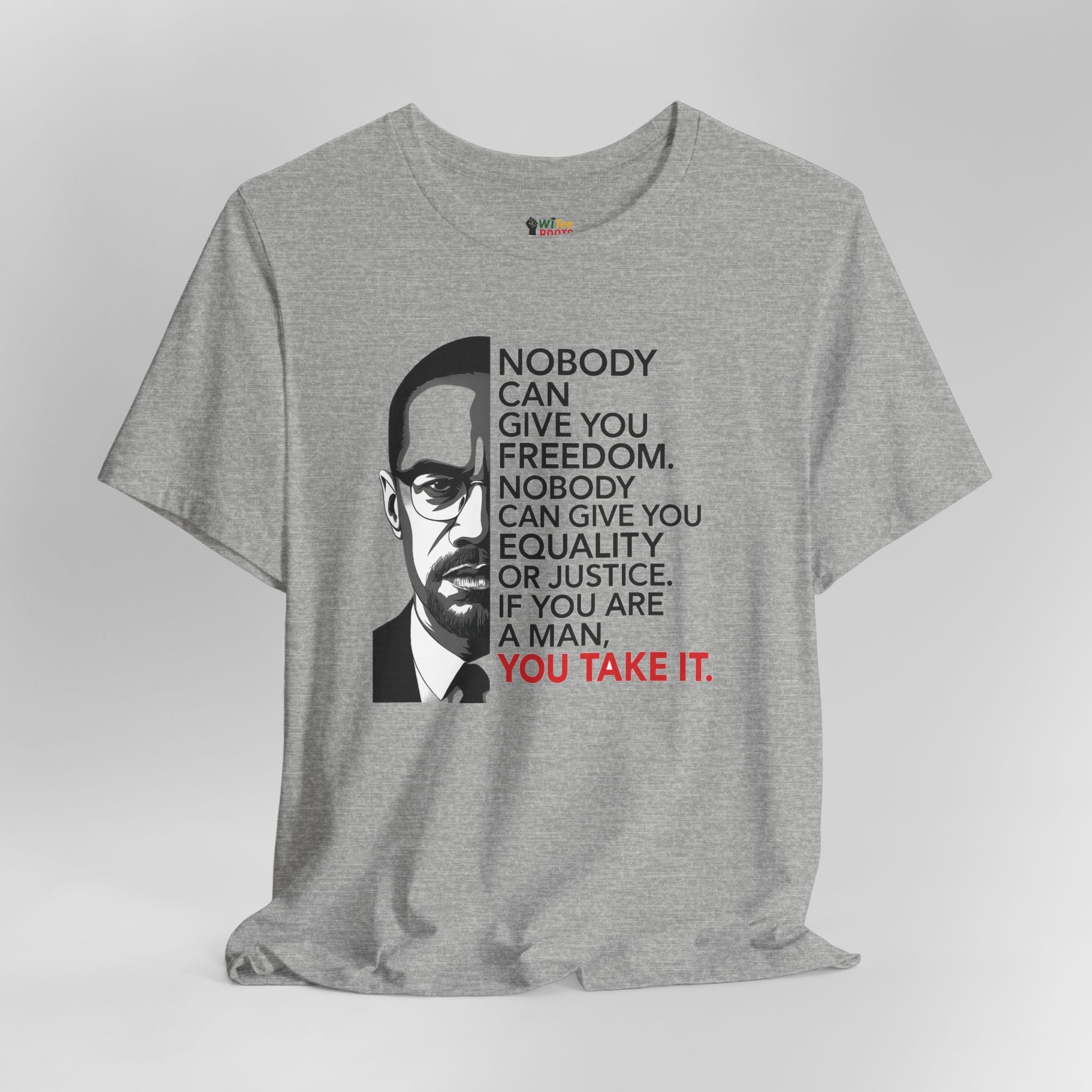 Gray t-shirt with a graphic and text on a light gray background