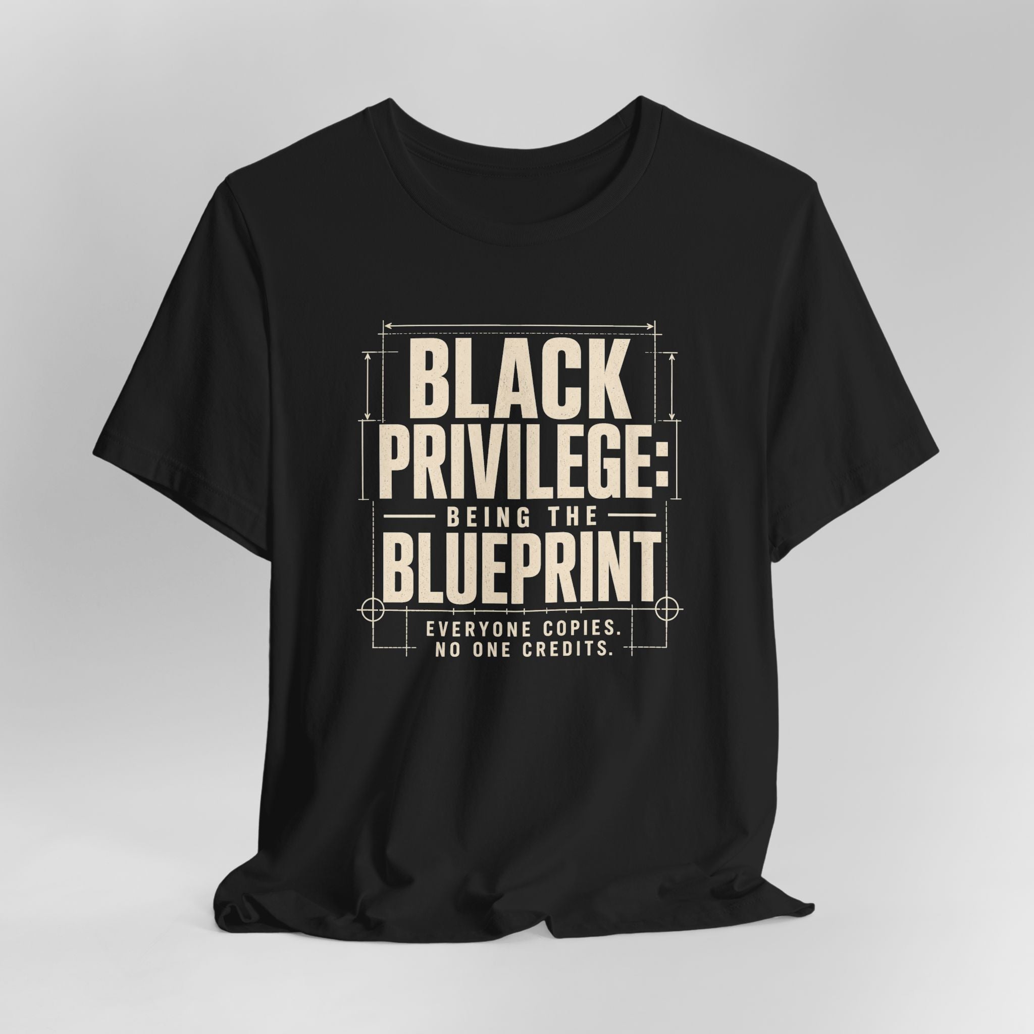 Black t-shirt with white text on a gray background