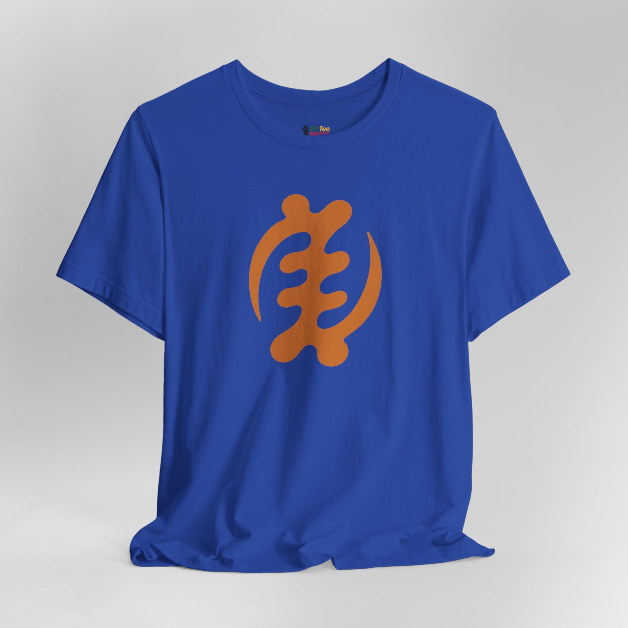 Blue t-shirt with orange symbol on a gray background