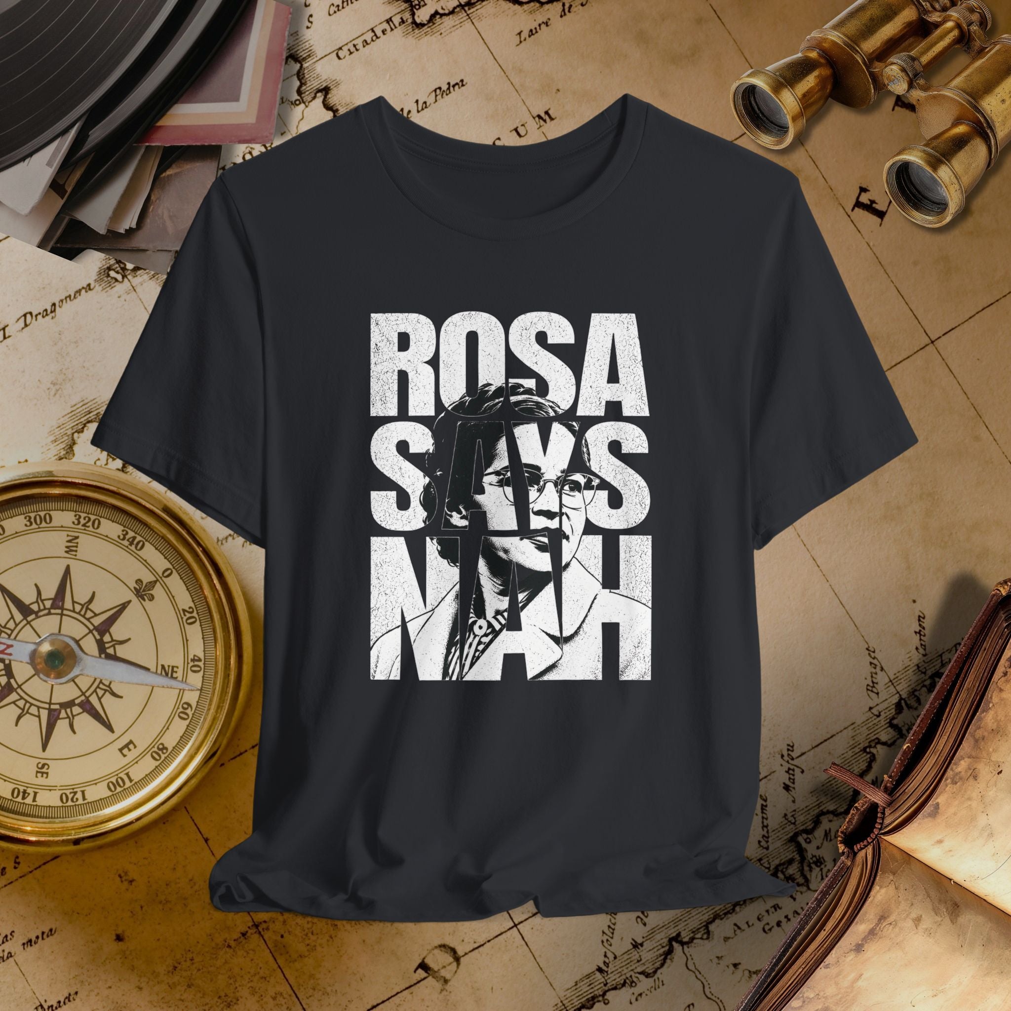 Black t-shirt with 'ROSA SAYS NAH' graphic on a vintage map background