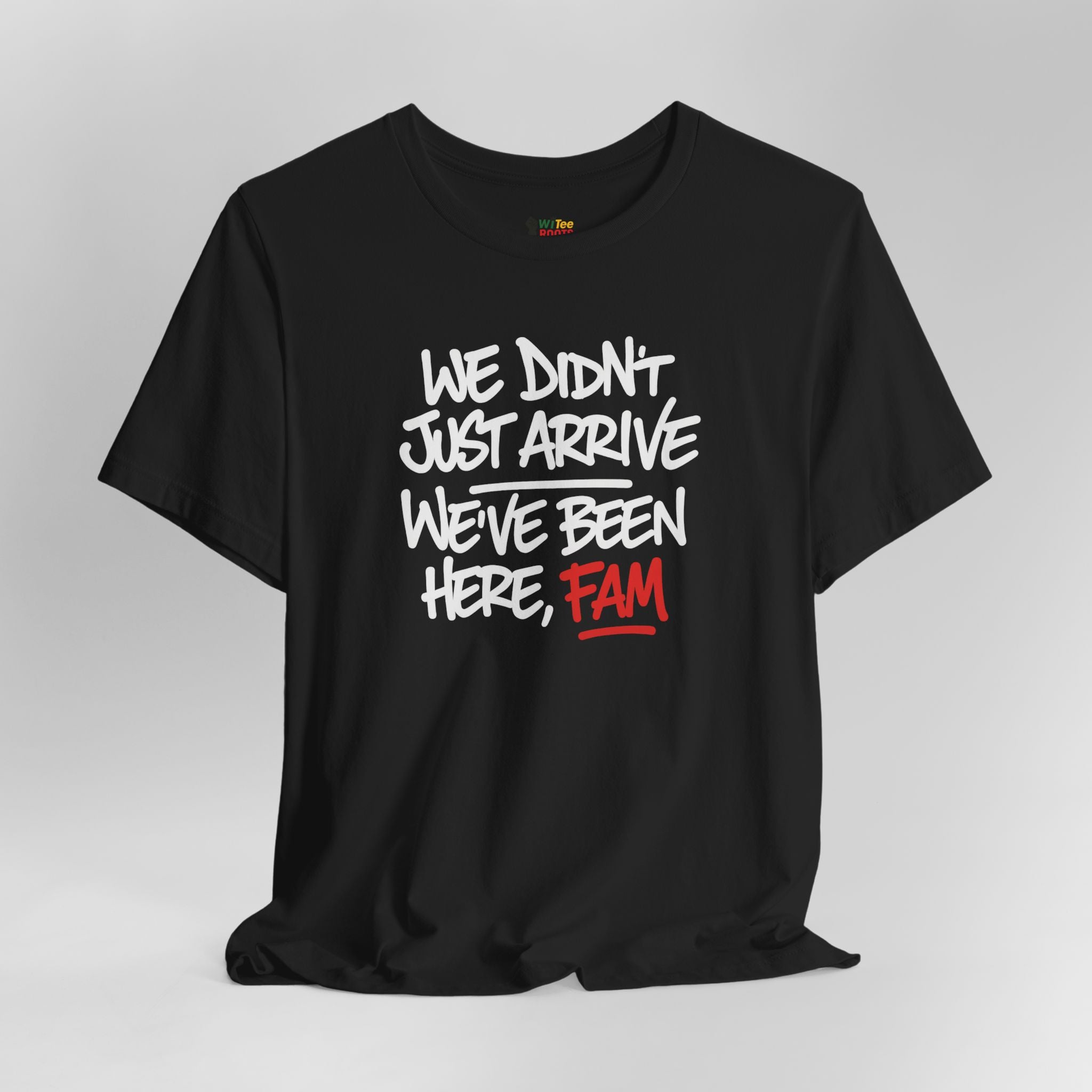 Black t-shirt with white and red text on a gray background