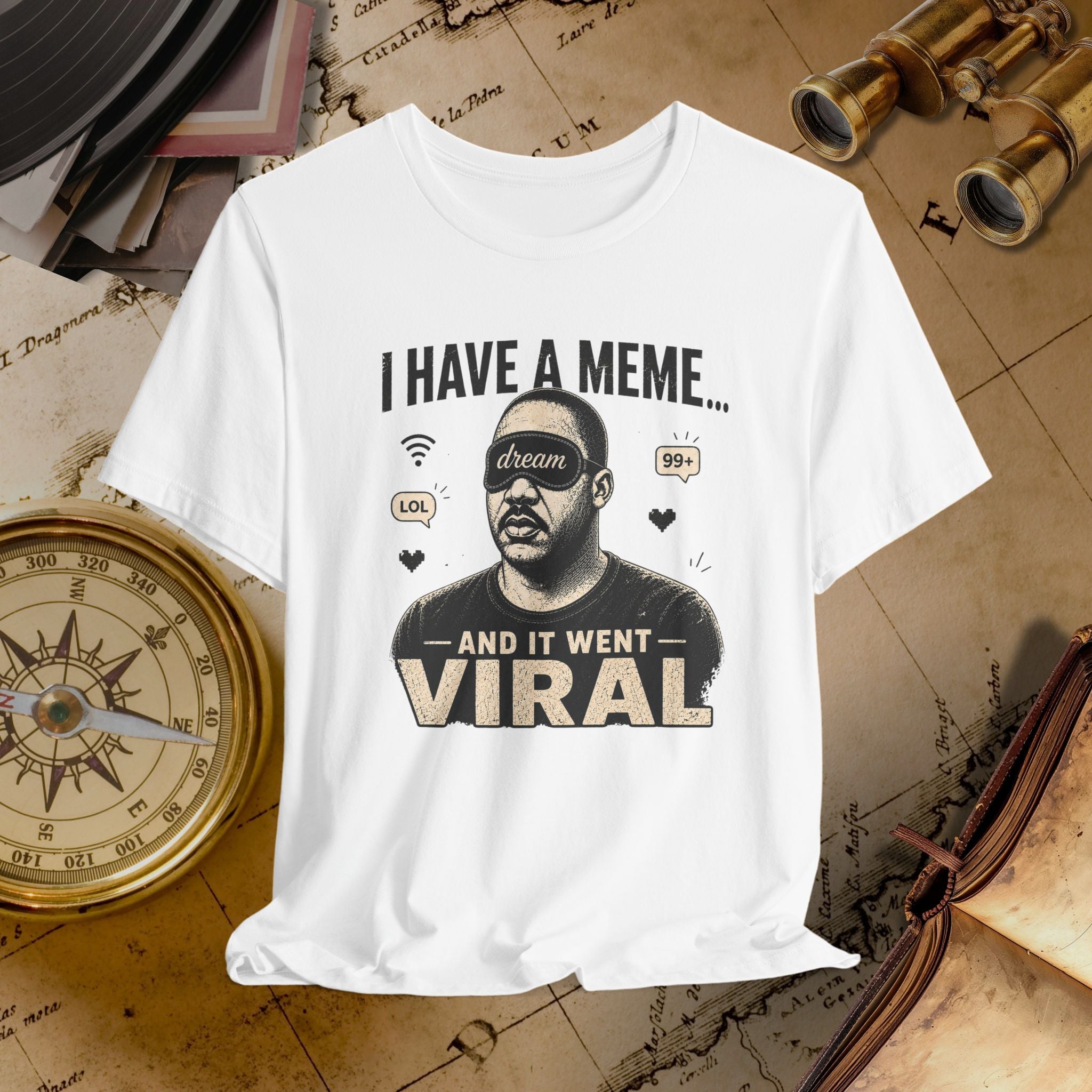 White t-shirt with graphic design and text on a vintage map background