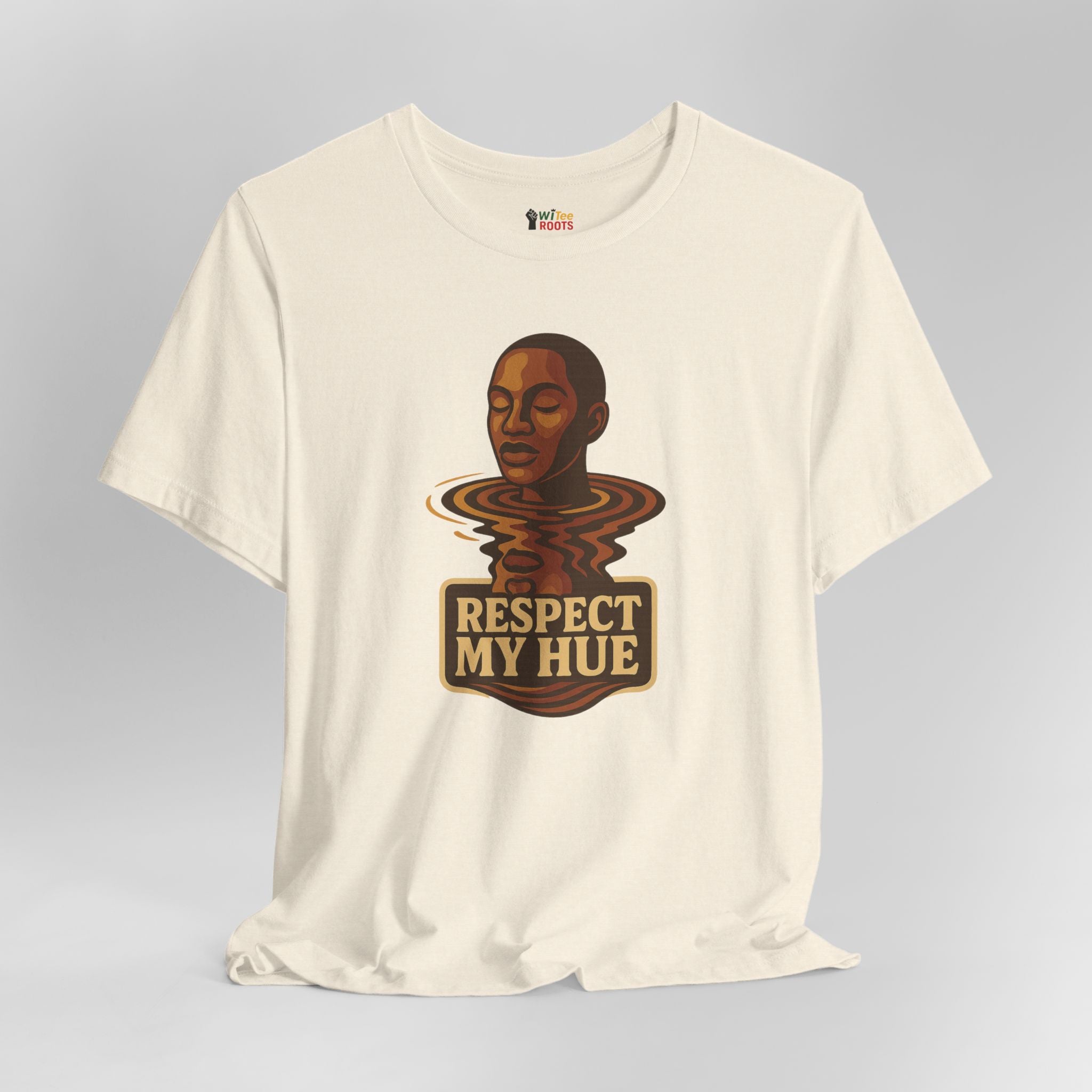 White t-shirt with a graphic design featuring a person and 'Respect My Hue' text on a gray background