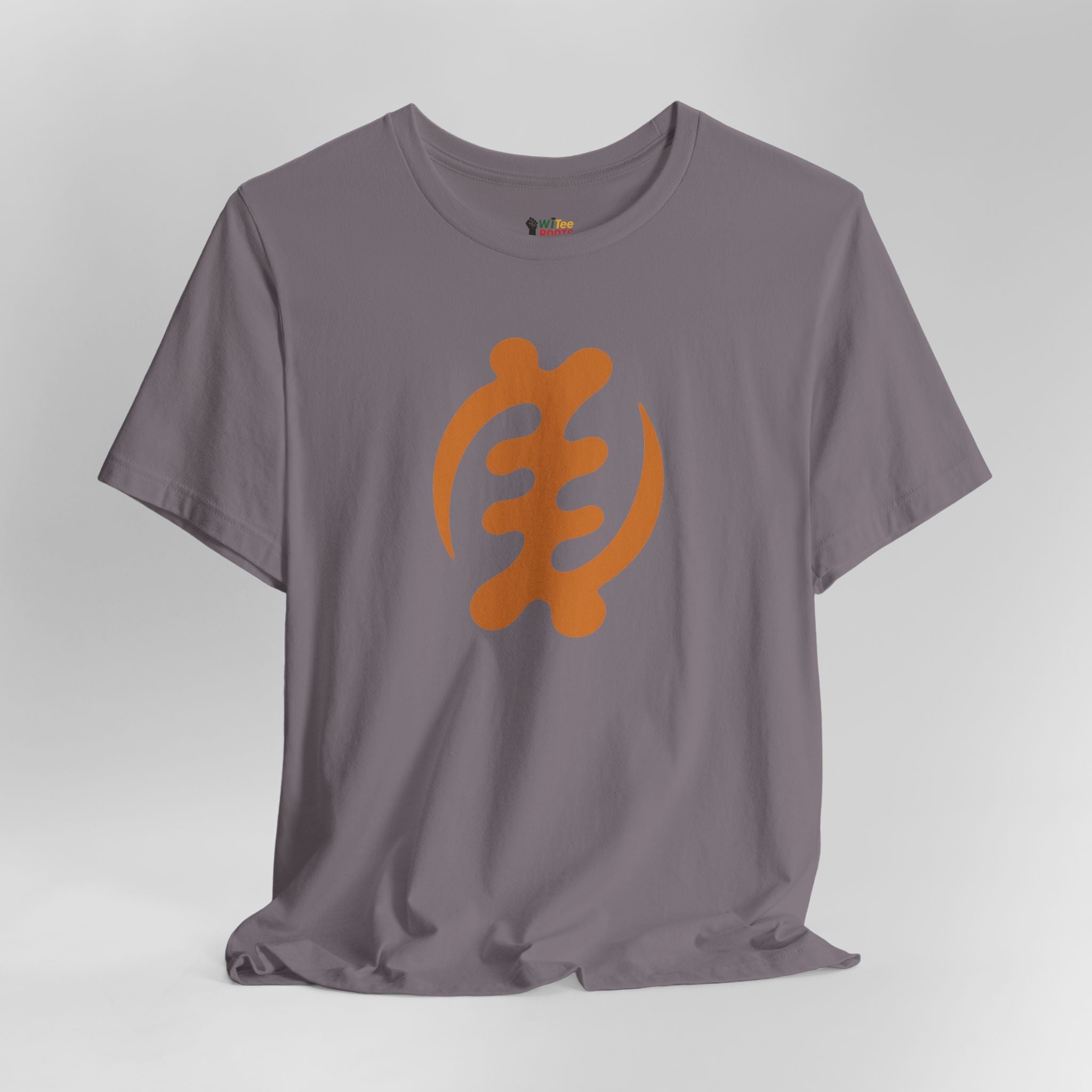 Gray t-shirt with orange graphic design on a white background