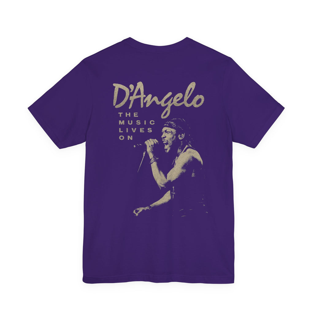 Purple t-shirt viewed from behind with a large beige graphic print of D'Angelo on the back, set against a white background.