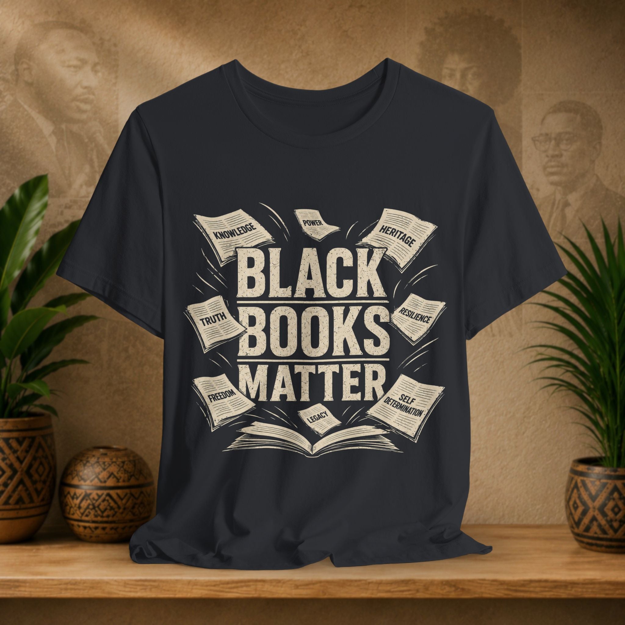 Black t-shirt with 'Black Books Matter' design on a wooden surface with plants and a textured wall background.
