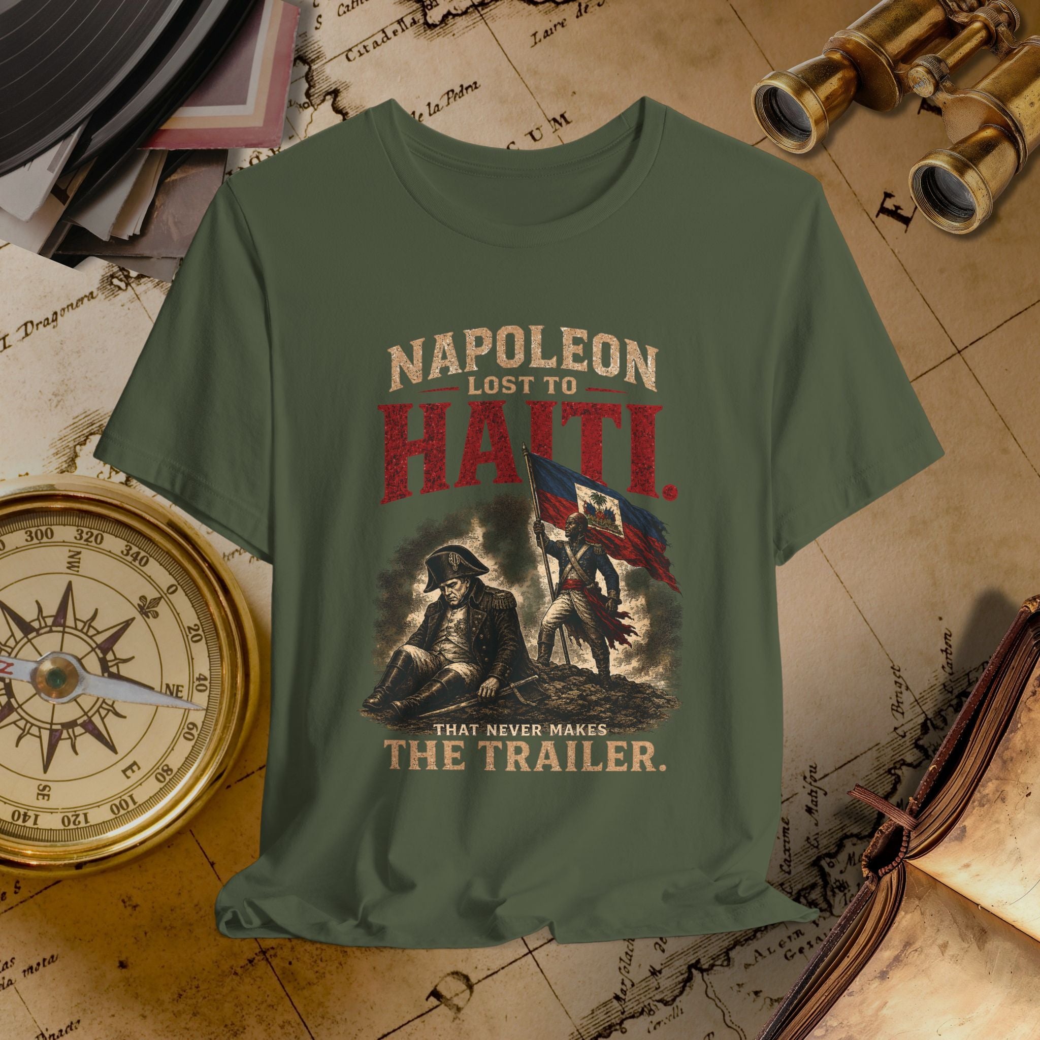 Green t-shirt with Napoleon graphic and text on a vintage map background