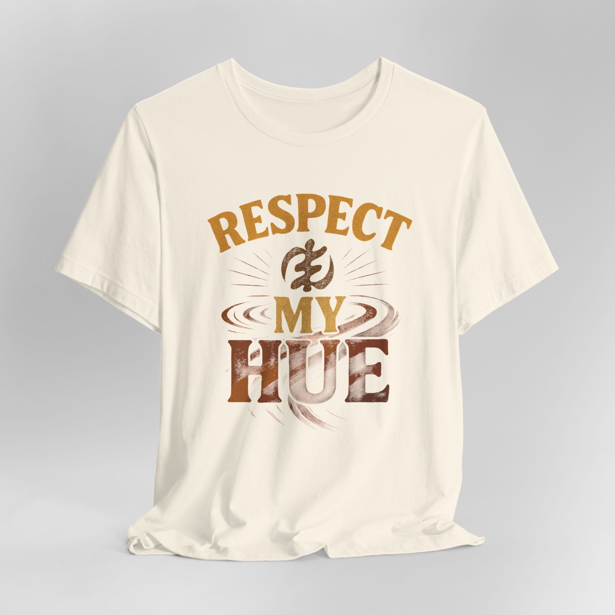 Cream t-shirt with 'Respect My Hue' text design on a gray background