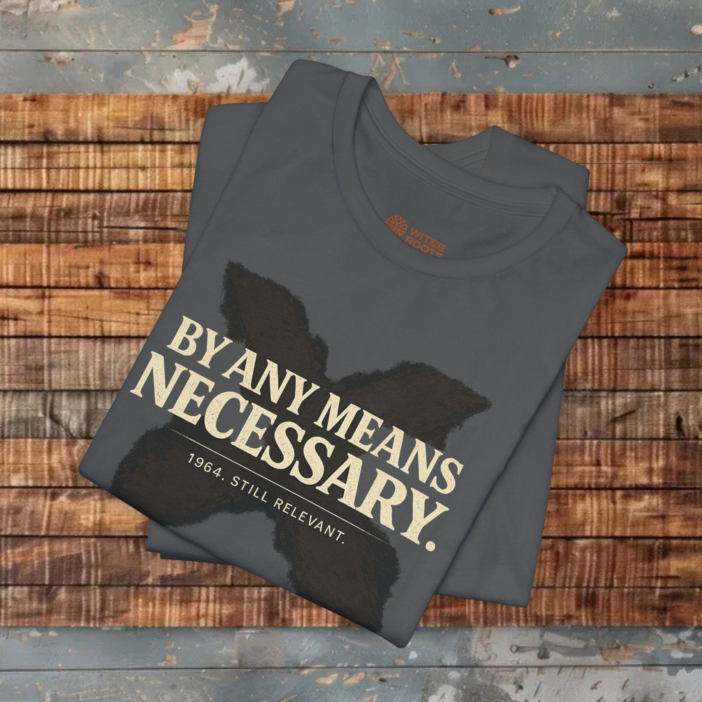 Folded t-shirt with text on a wooden surface