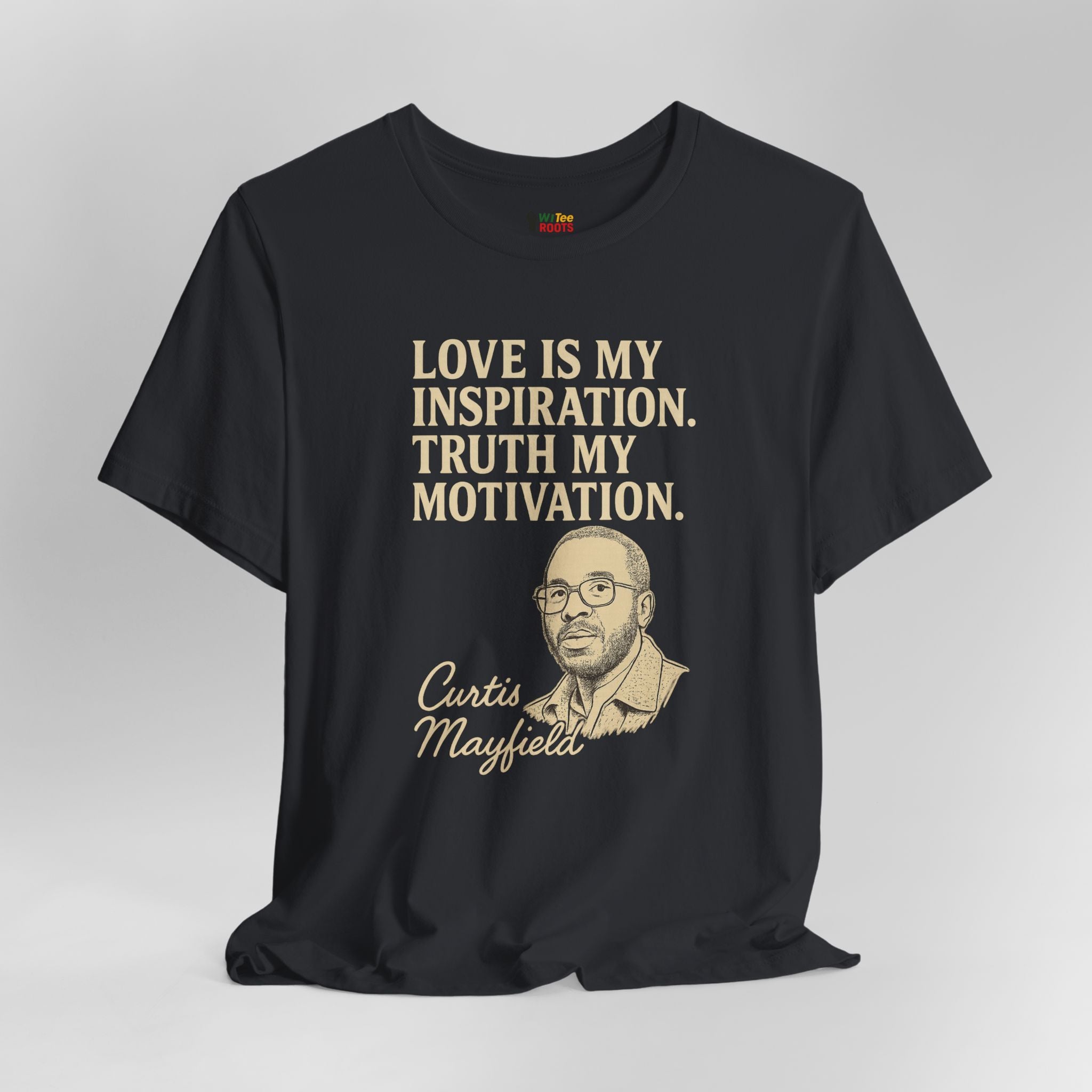Black t-shirt with a quote and portrait of Curtis Mayfield on a gray background