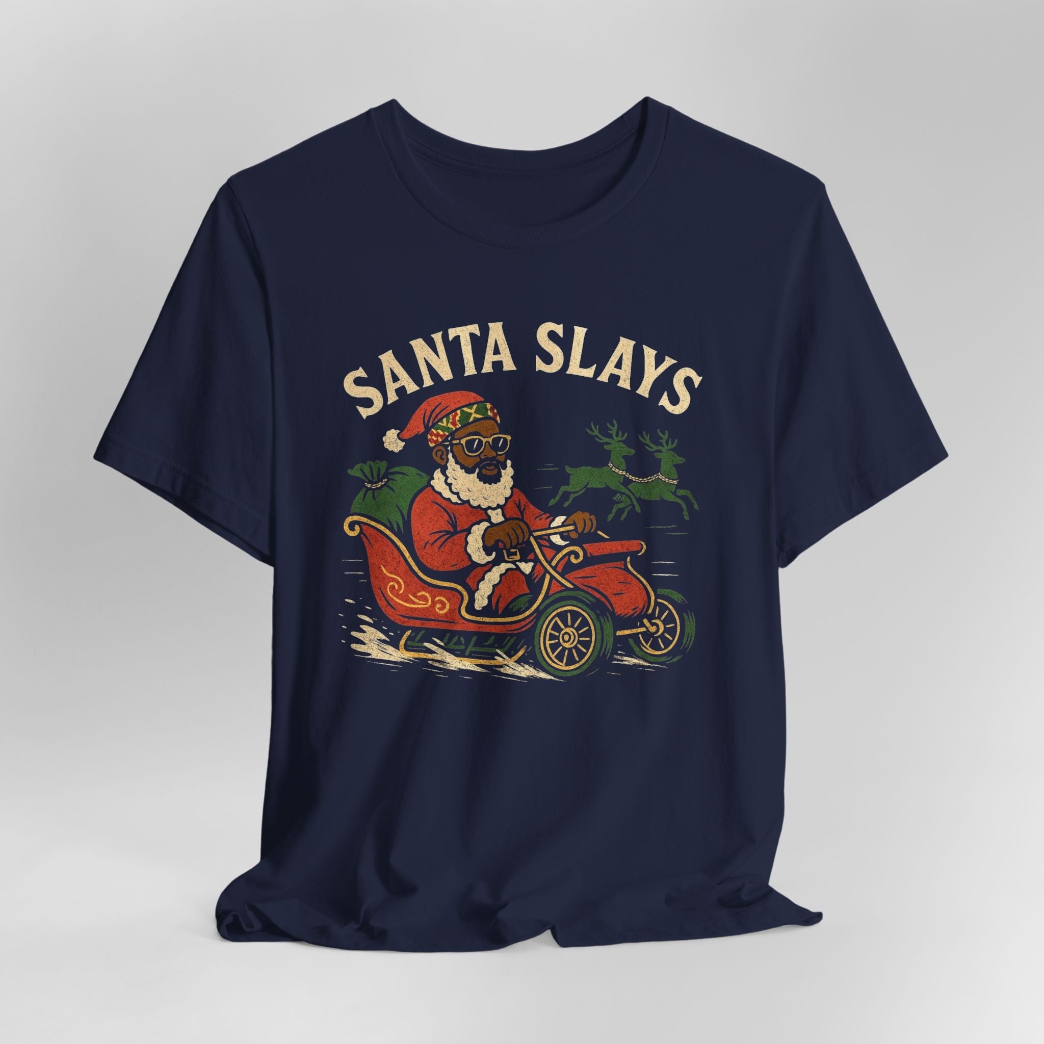 Navy blue t-shirt with 'Santa Slays' graphic design on a white background