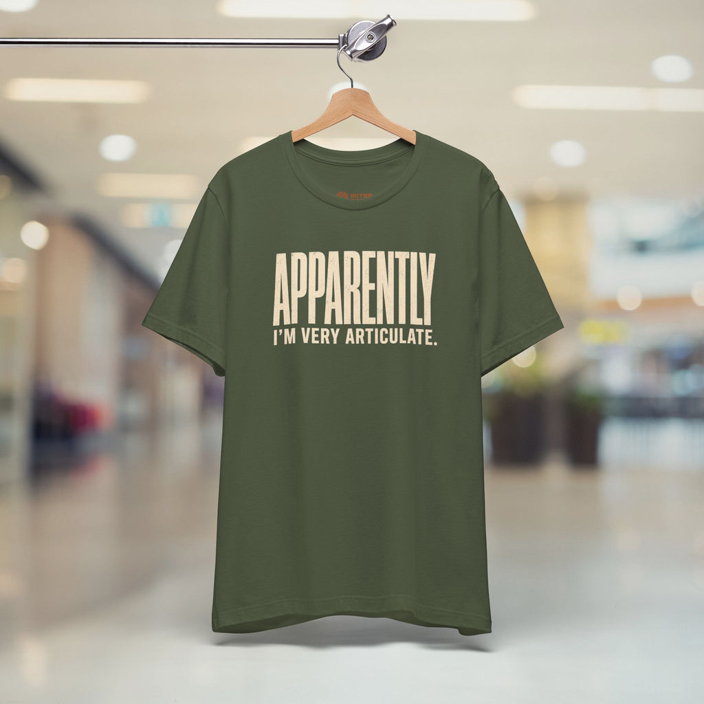 Green t-shirt with text on a hanger in a store setting