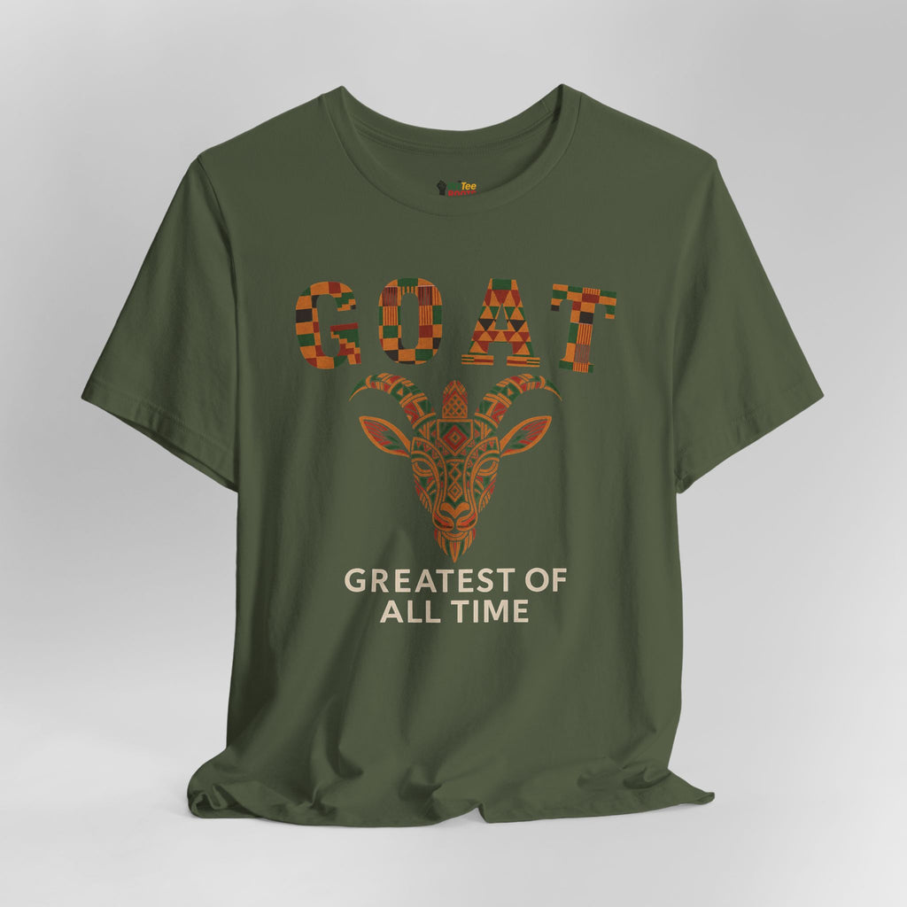 Green t-shirt with a graphic of a goat and text on a gray background