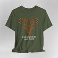 Green t-shirt with a graphic of a goat and text on a gray background