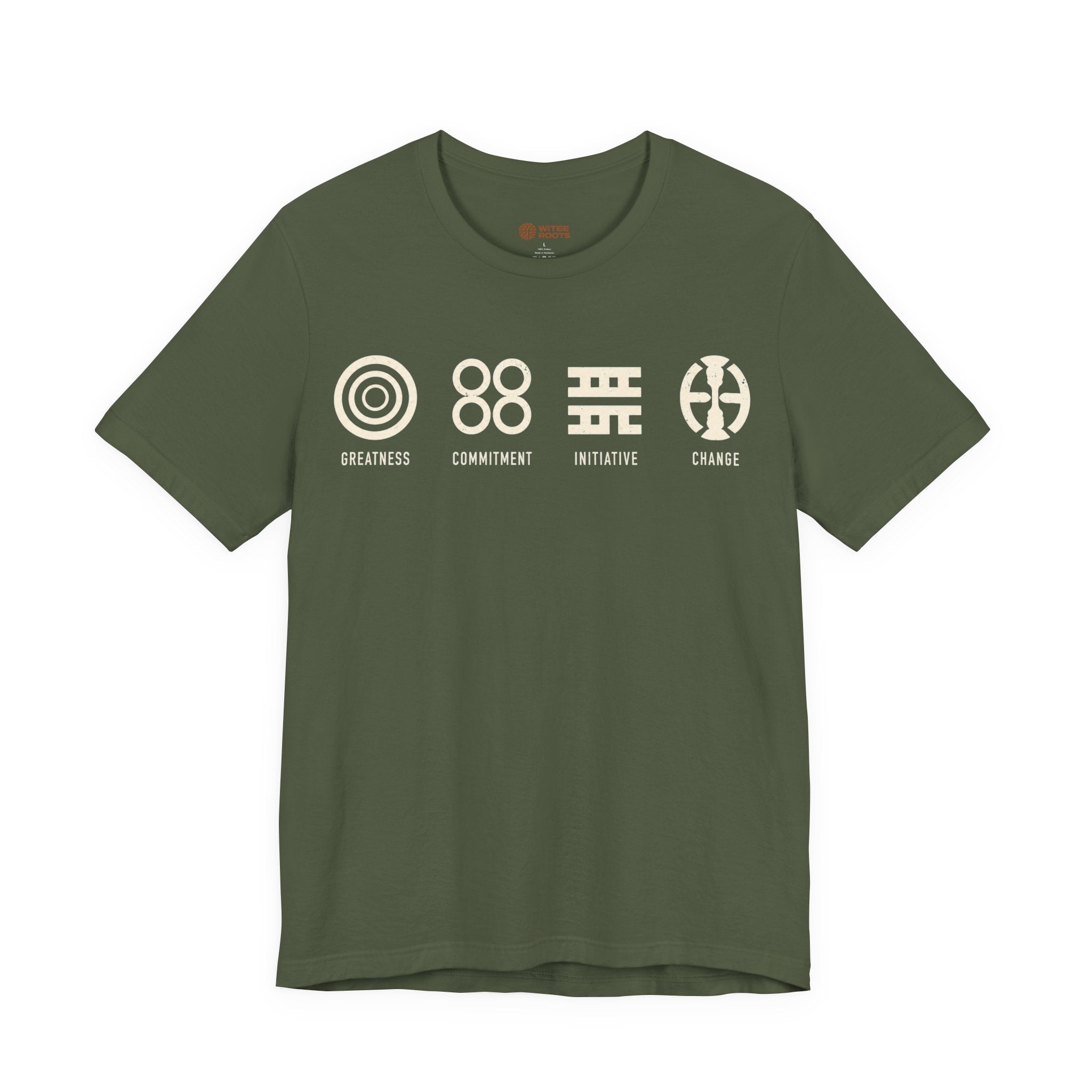 Green t-shirt with text on a white background