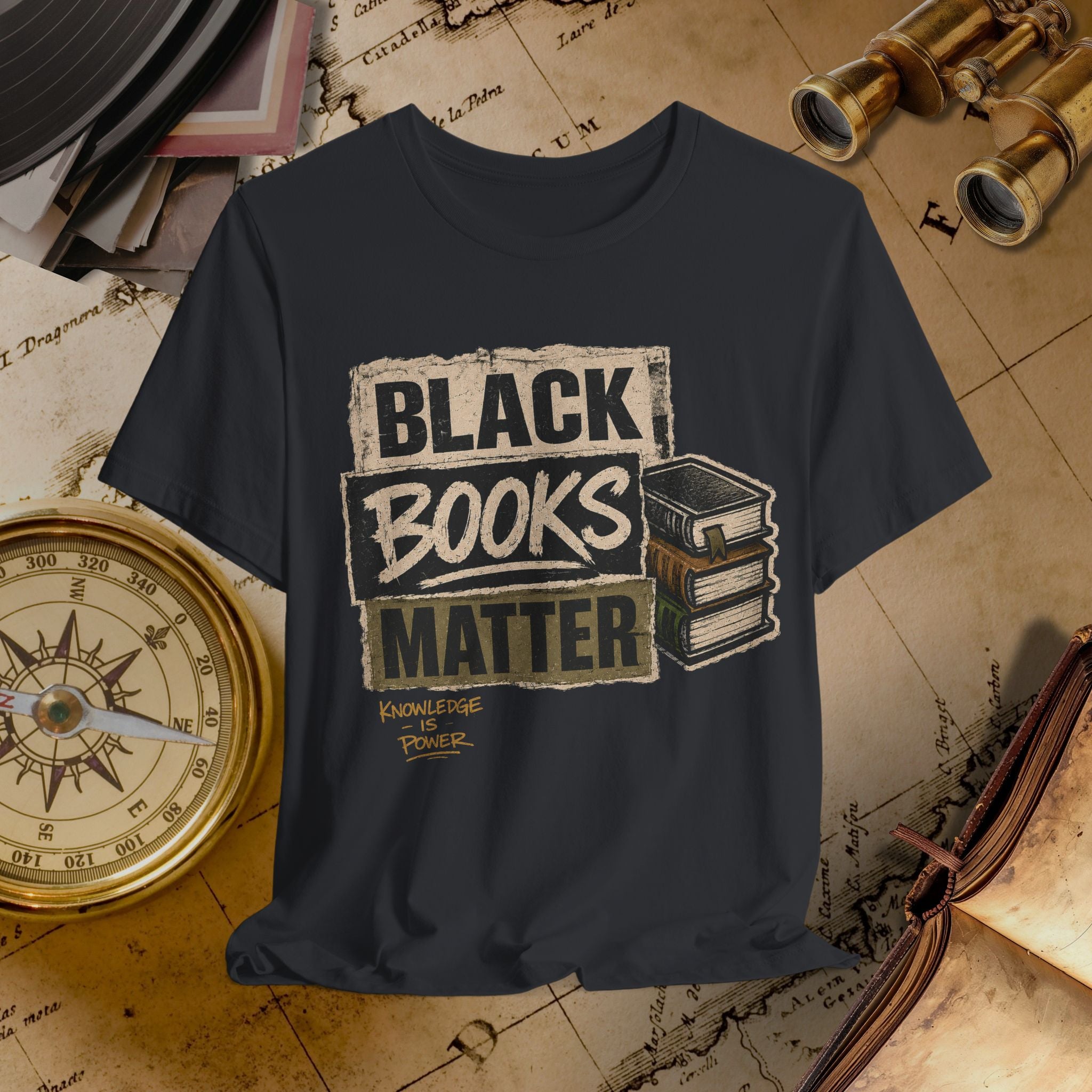 Black t-shirt with 'Black Books Matter' graphic on a vintage map background