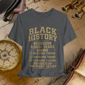Gray t-shirt with 'Black History' text on a vintage map background