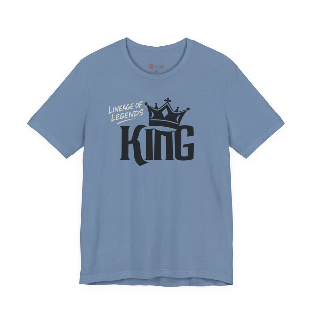 Blue t-shirt with 'Lineage of Legends King' text and crown graphic on a white background