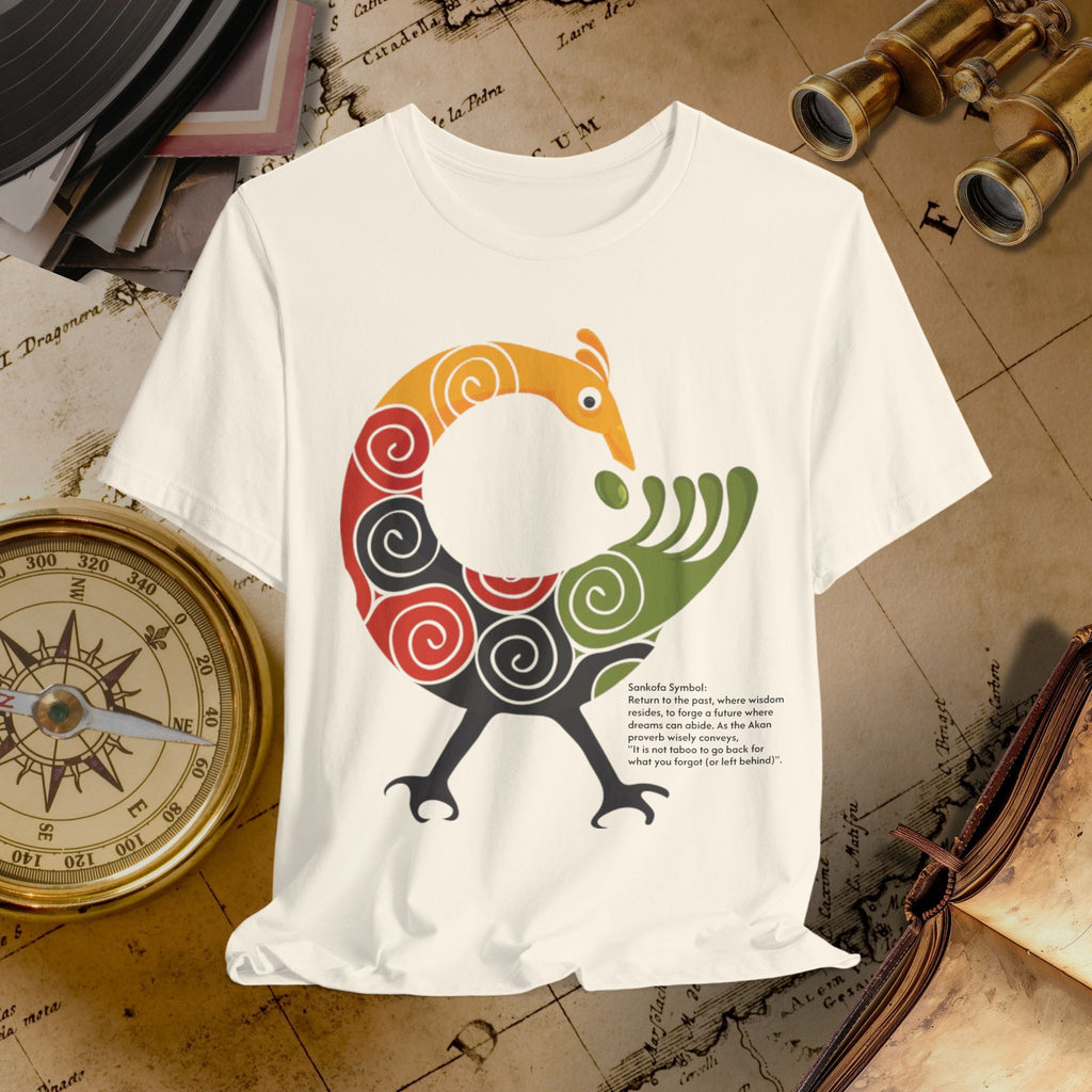 Beige t-shirt with a colorful bird design on a vintage map background