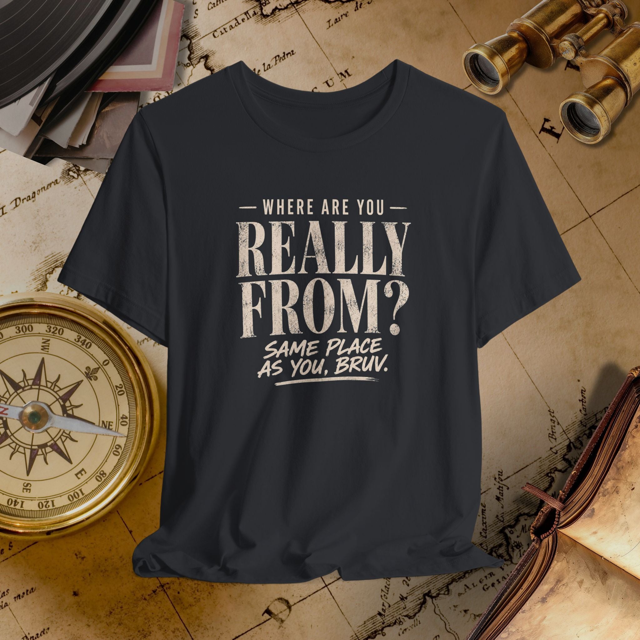 Black t-shirt with humorous text on a vintage map background