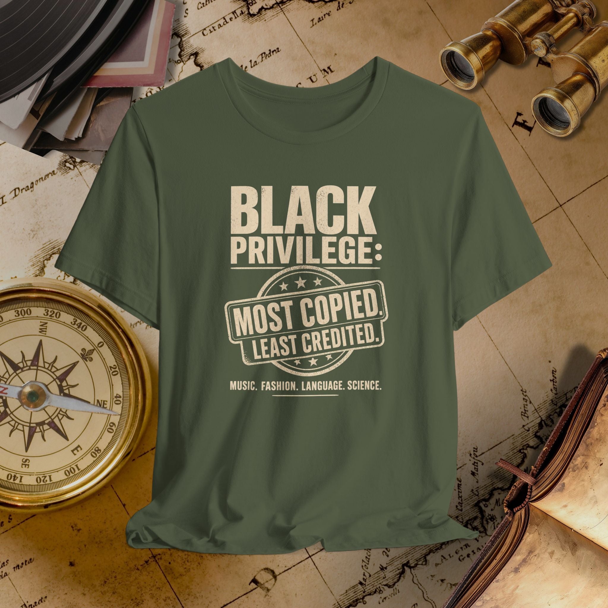 Green t-shirt with 'Black Privilege' text on a vintage map background