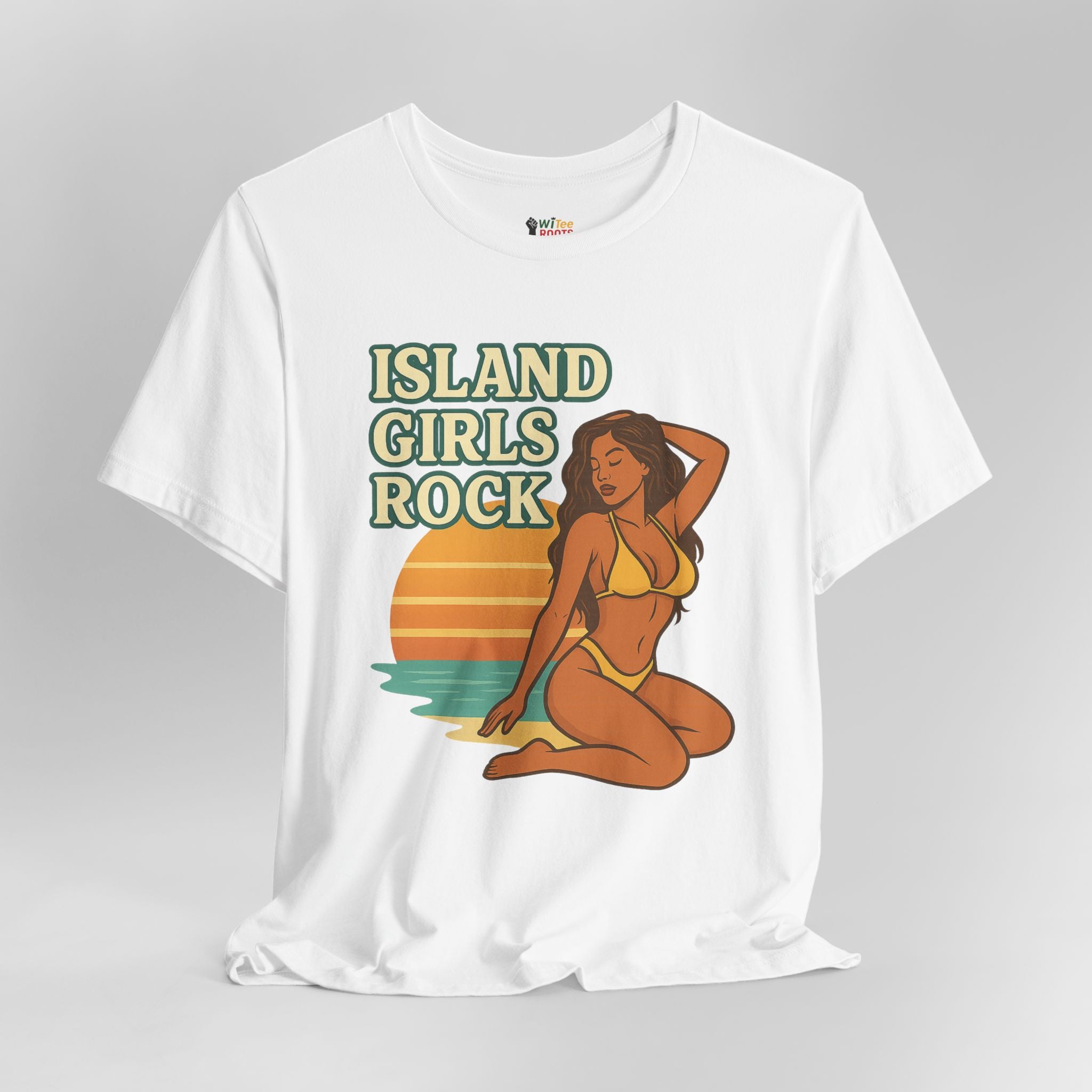 White t-shirt with 'Island Girls Rock' graphic design on a gray background