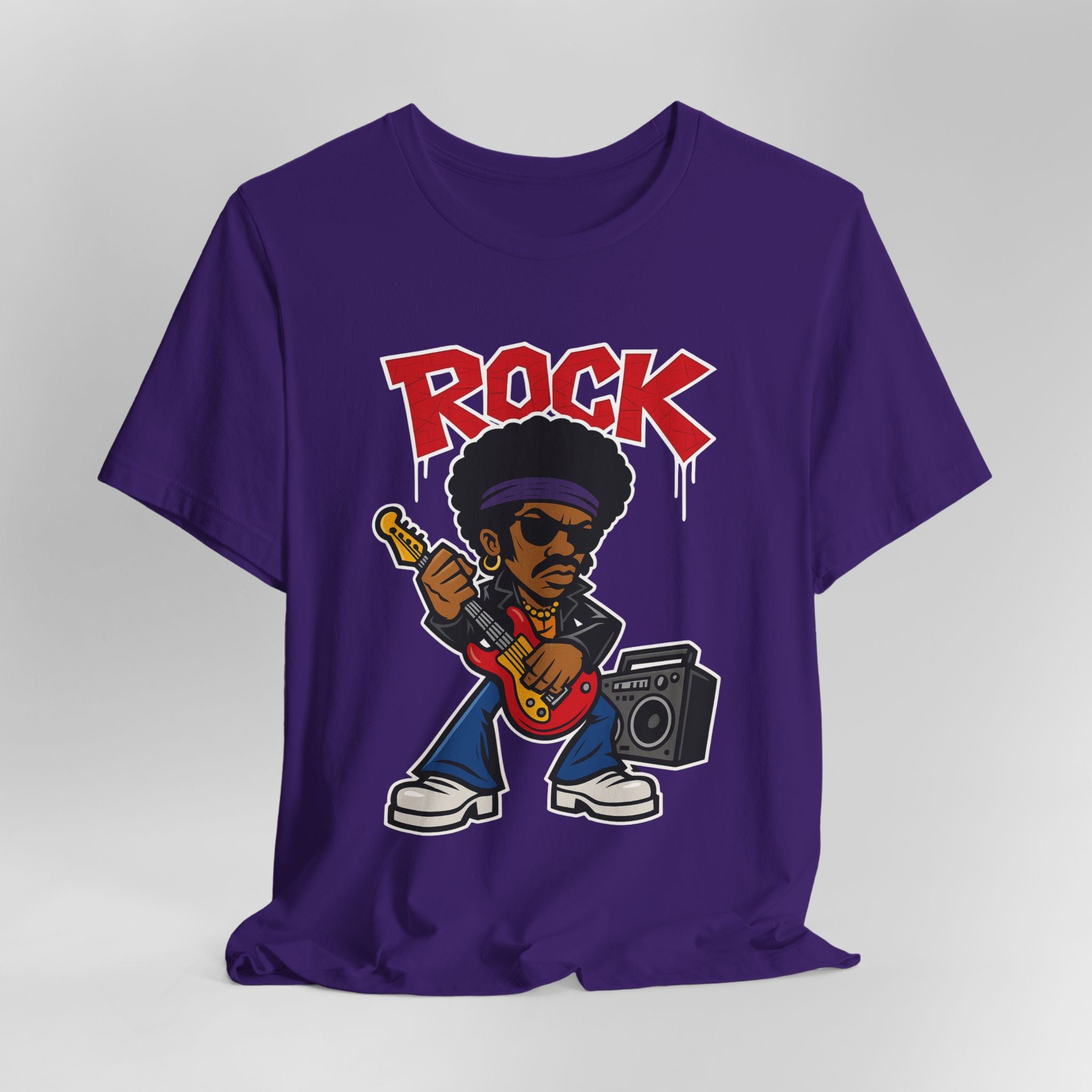 Purple t-shirt with a graphic of a rock musician playing guitar and holding a boombox, with 'ROCK' text above.