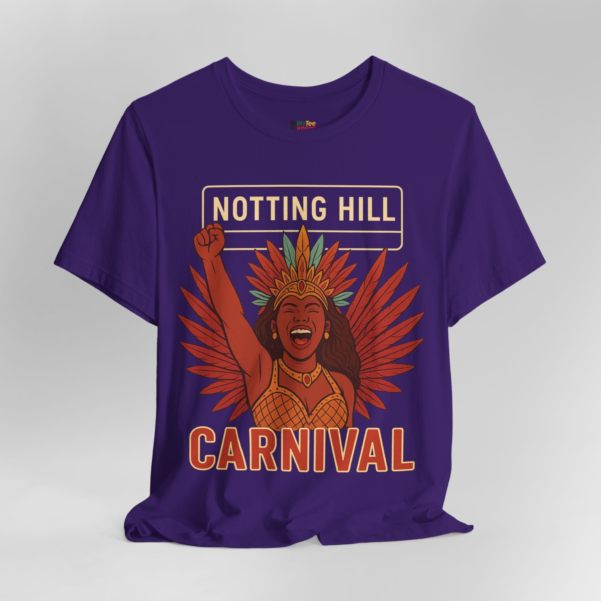 Purple t-shirt with 'Notting Hill Carnival' design featuring a person with raised fist and feathers on a gray background.