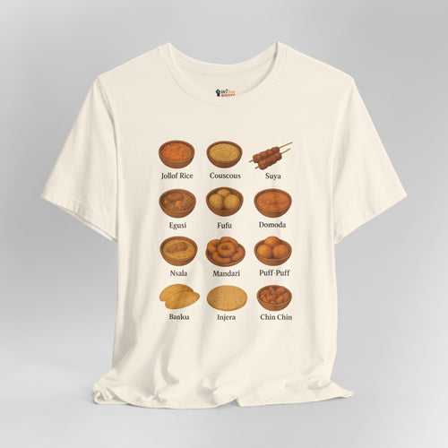 White t-shirt with illustrations of various African dishes and their names on a gray background