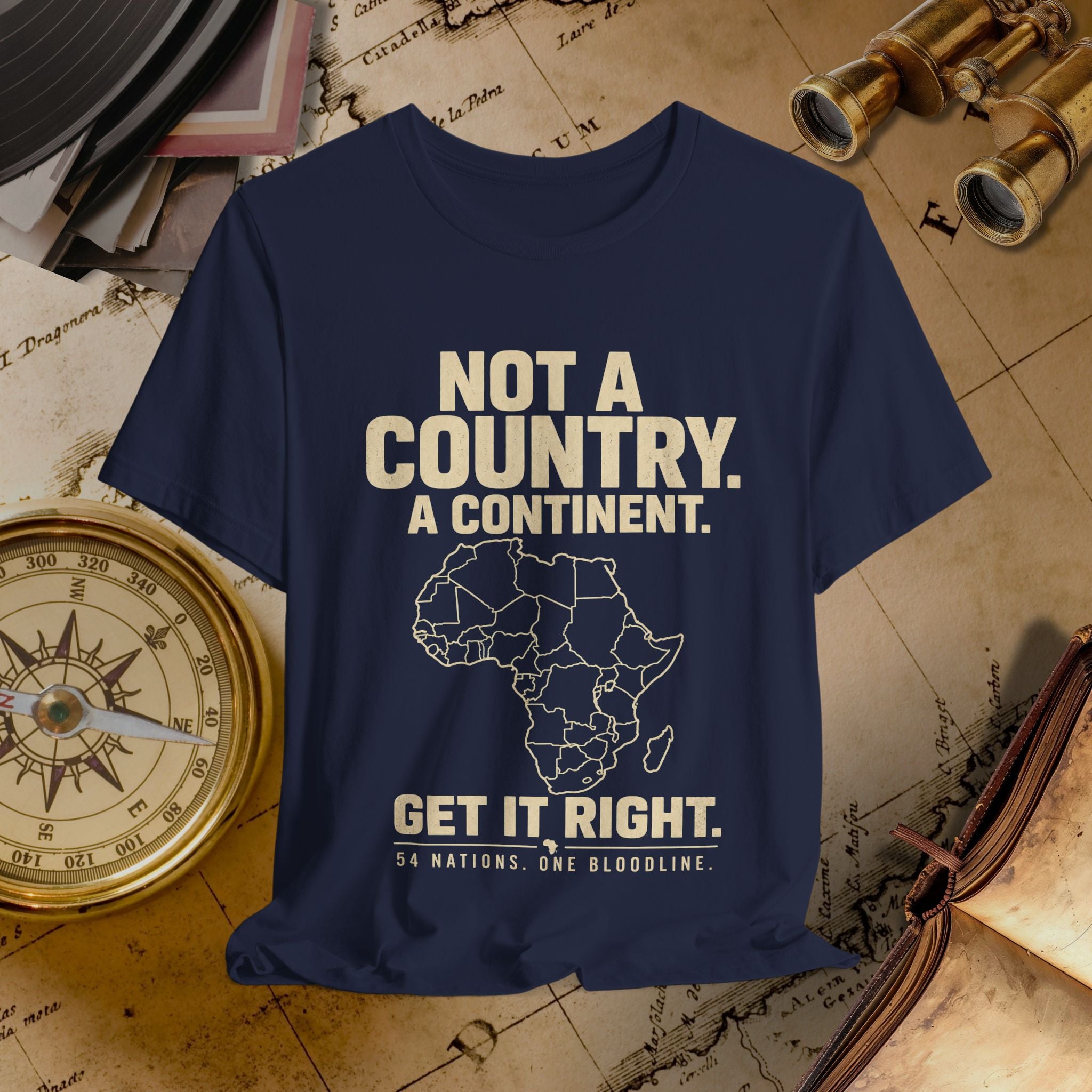 Navy blue t-shirt with Africa map graphic and text on a vintage map background