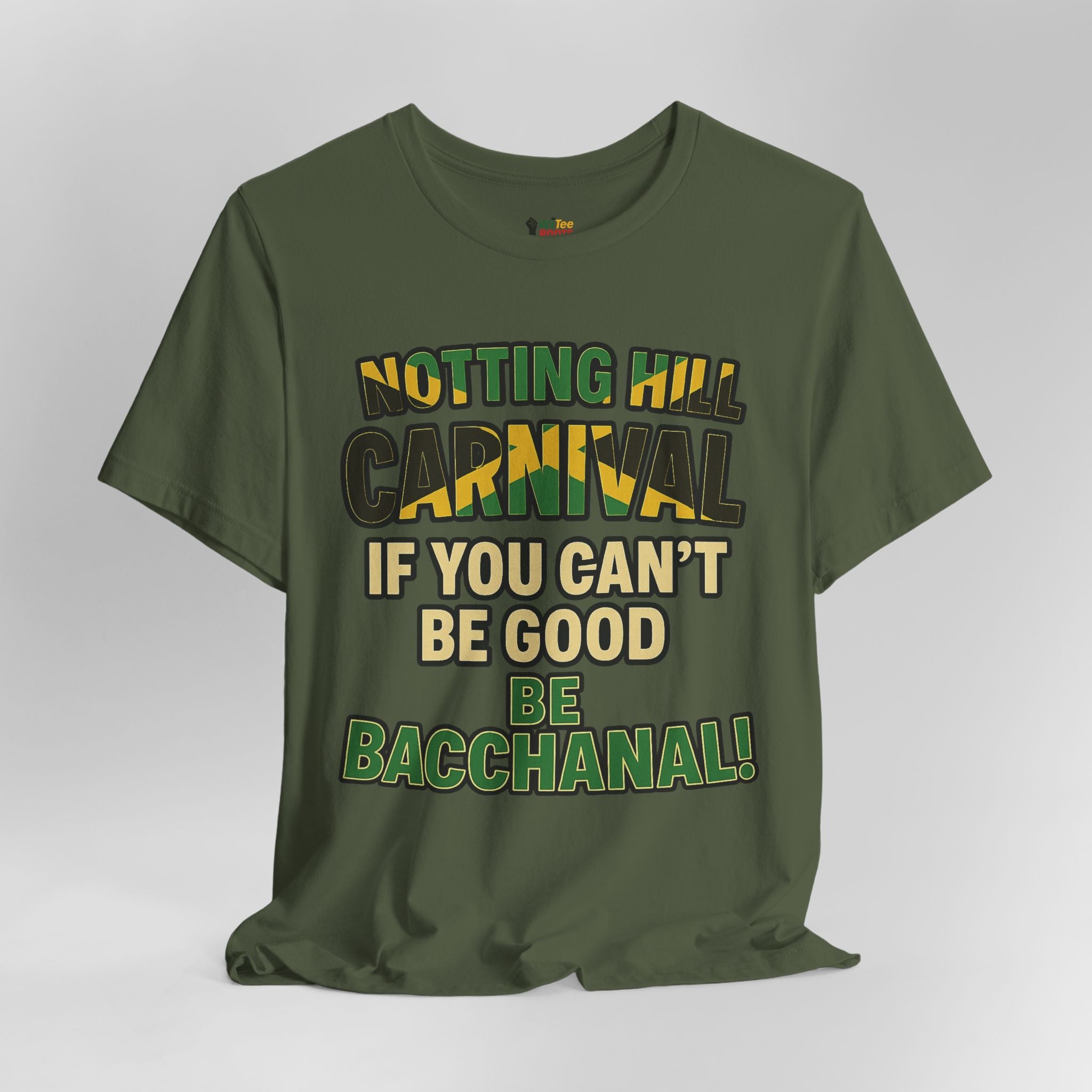 Green t-shirt with colorful text on a gray background